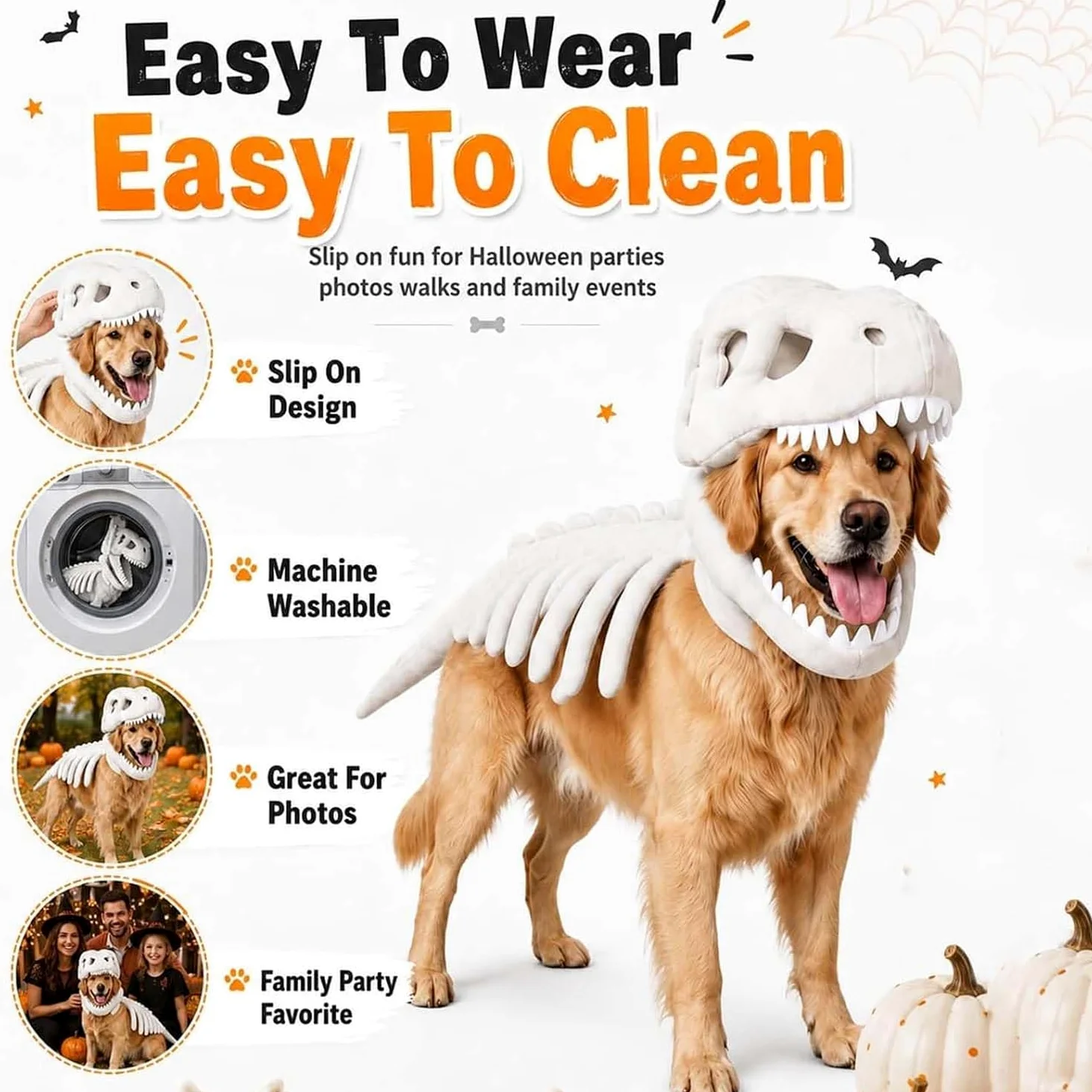 Dog Cat Pet Dinosaur Skeleton Costume,Funny Halloween Costumes，Green：XXL | Prehistoric Bone Pet Clothes with Dino Head Cover and Back,Pet Cosplay Outfits For Party Supplies,Medium Large Dogs Cats