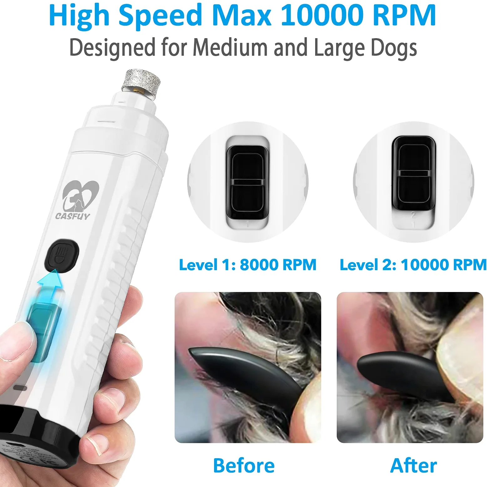 Casfuy Lima Unghie Cani - Tagliaunghie per Cani Elettrico con 2 luci LED Ricaricabile Silenziose con Vibrazioni Ridotte a 2 velocità Professionale per Cani e Gatti di Taglia Piccola Media e Grande
