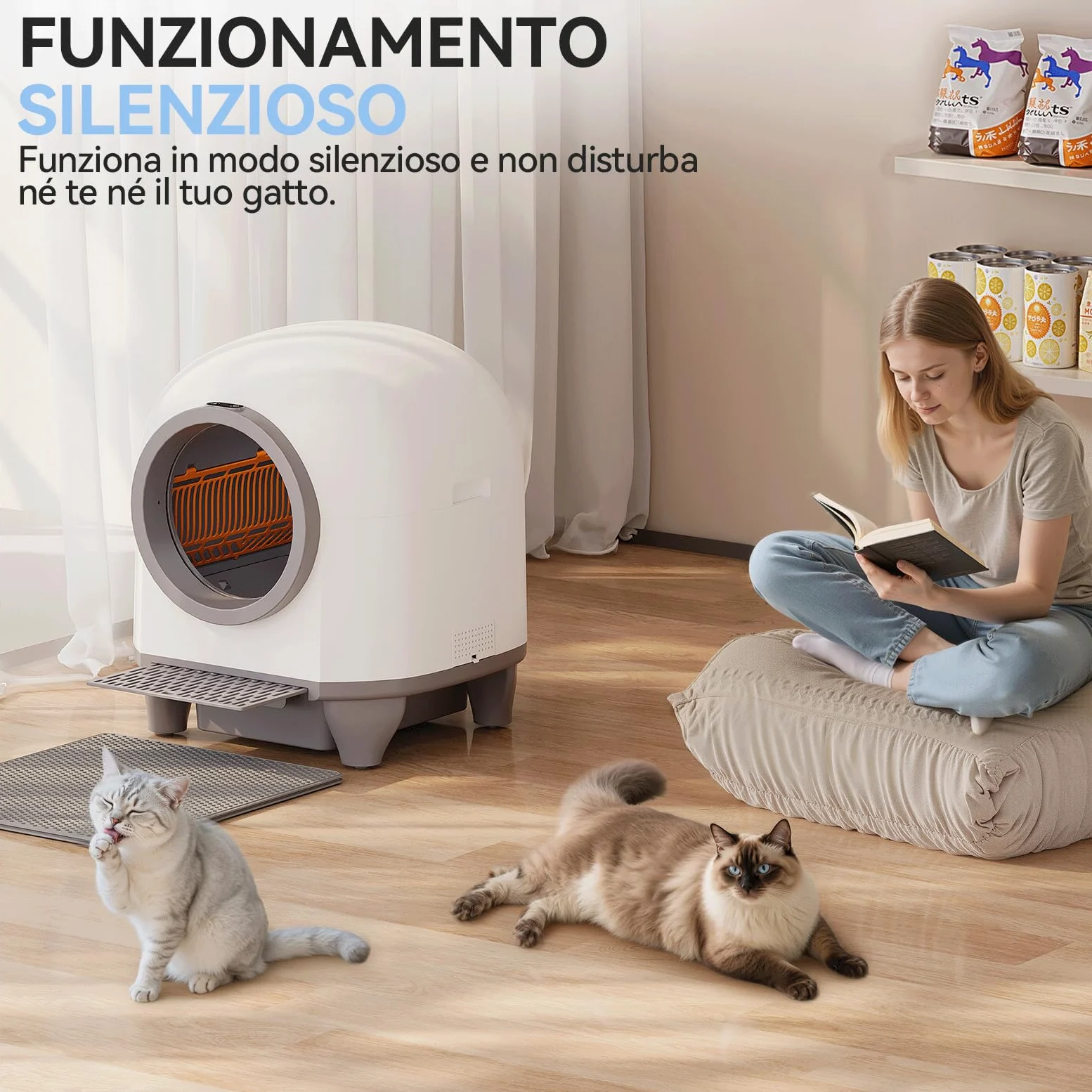 JUMMICO Lettiera Gatto Autopulente Antiodore， 90L lettiera autopulente per gatti xxl. Controllo APP cat litter box self cleaning con sensori, ingresso basso anti-intrappolamento/odore, per più gatti