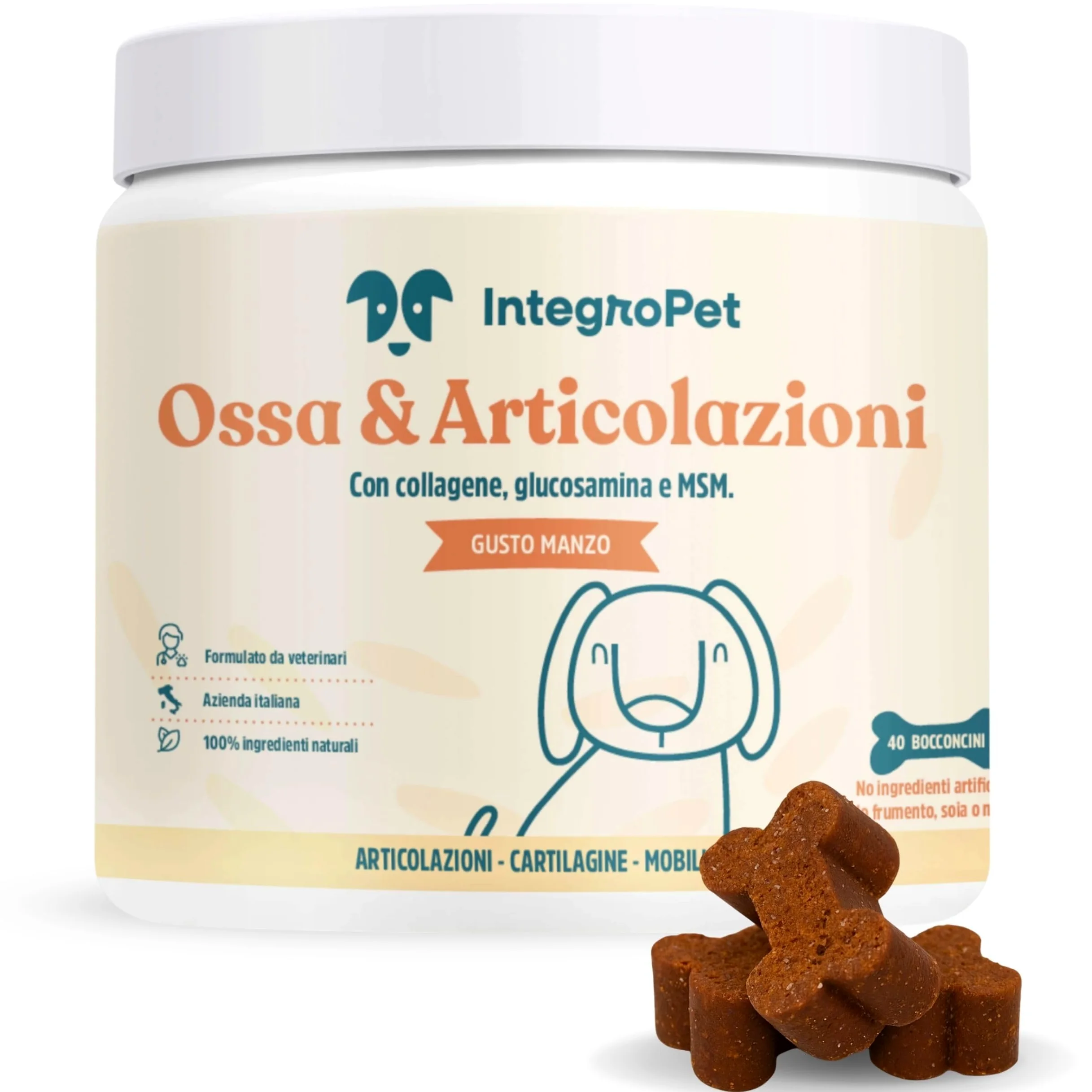 Integratori per Cani Ossa e Articolazioni Gusto Manzo - Integratore Articolazioni Cane per Favorire Lo Sviluppo o Mantenere la Mobilità