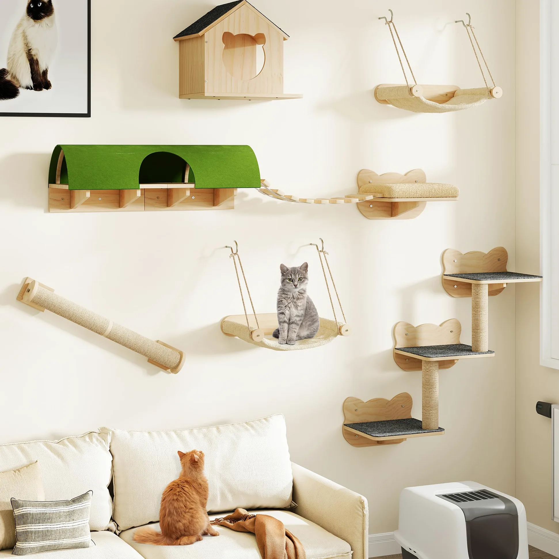 YITAHOME Set da parete per gatti in legno robusto, 7 ripiani con casa, ponte sospeso, scale, amaca e tiragraffi per dormire, giocare e riposare