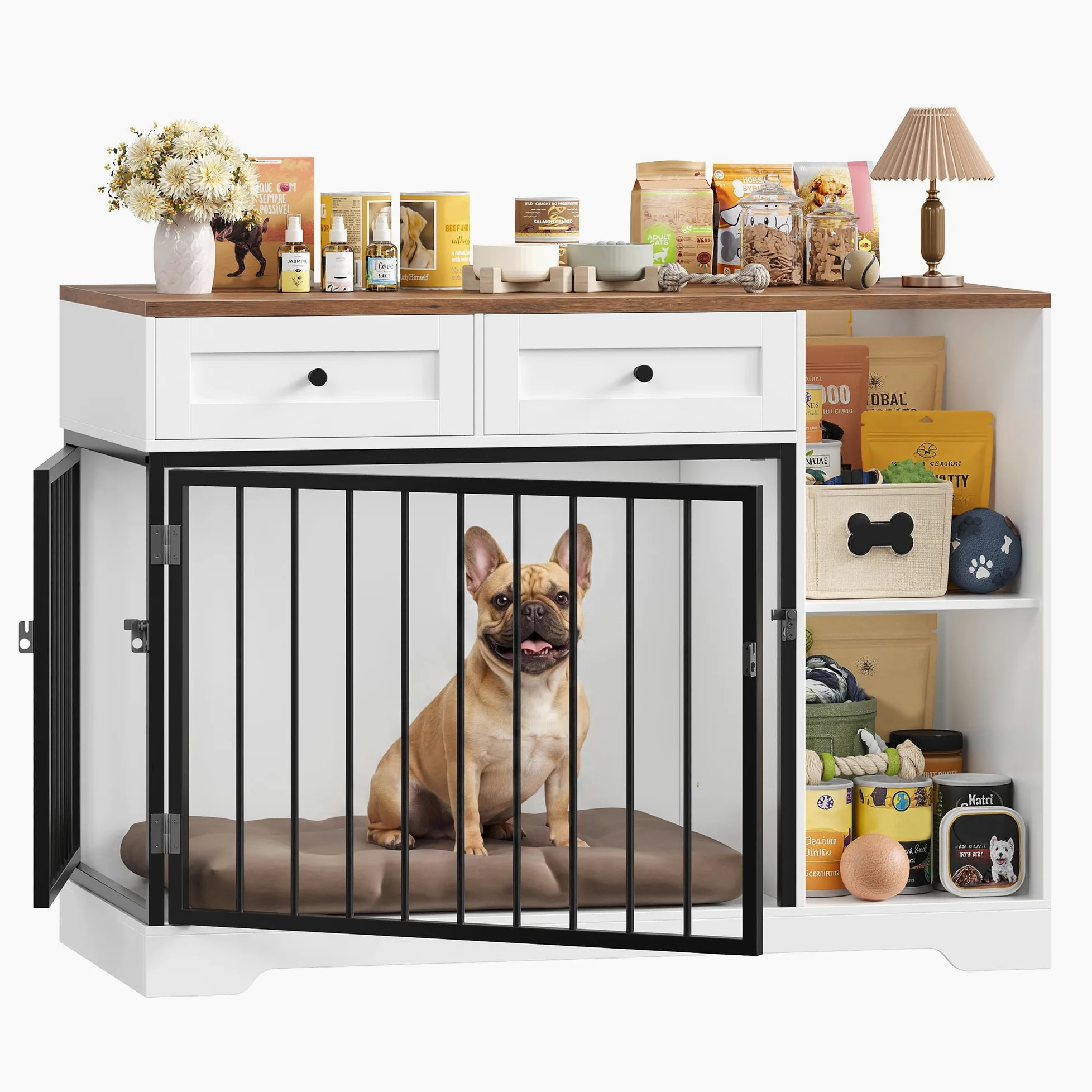 FirFurd 120cm Gabbia per Cani con 2 Porte, Kennel Cane Medio con 2 Cassetti e 2 Scomparti Aperti, Cuccia in Stile Mobili con Stoccaggio in Metallo e Legno, 120x60x87 cm (Bianco+Marrone)
