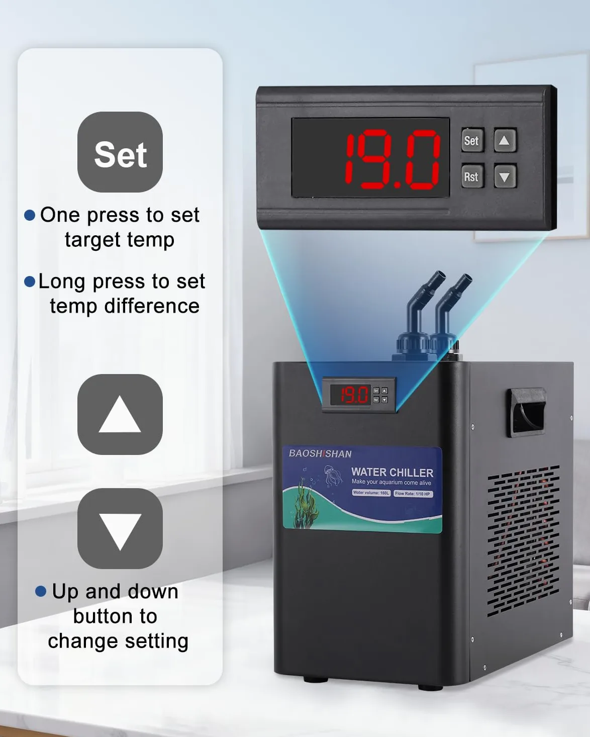 BAOSHISHAN 160L Acquario Refrigeratore d'acqua Chiller Bonus Kit pompa Fish Tank Chiller Frutti di mare Attrezzature per la coltivazione di acqua dolce/salata Erbacce 220 V (Unità: ℃)