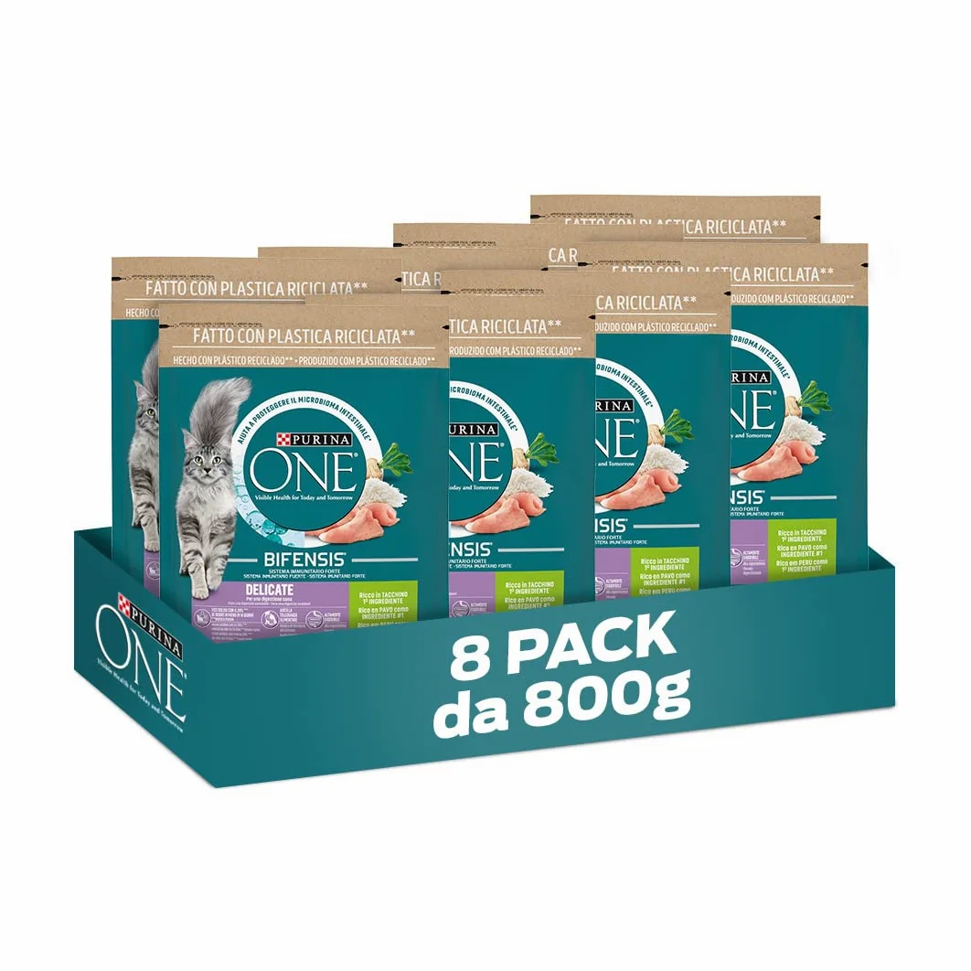 PURINA ONE Bifensis Delicate Croccantini per Gatto Adulto con Tacchino - 8 Confezioni da 800 g, Formula Nutriente per il Microbioma Intestinale e il Benessere Digestivo
