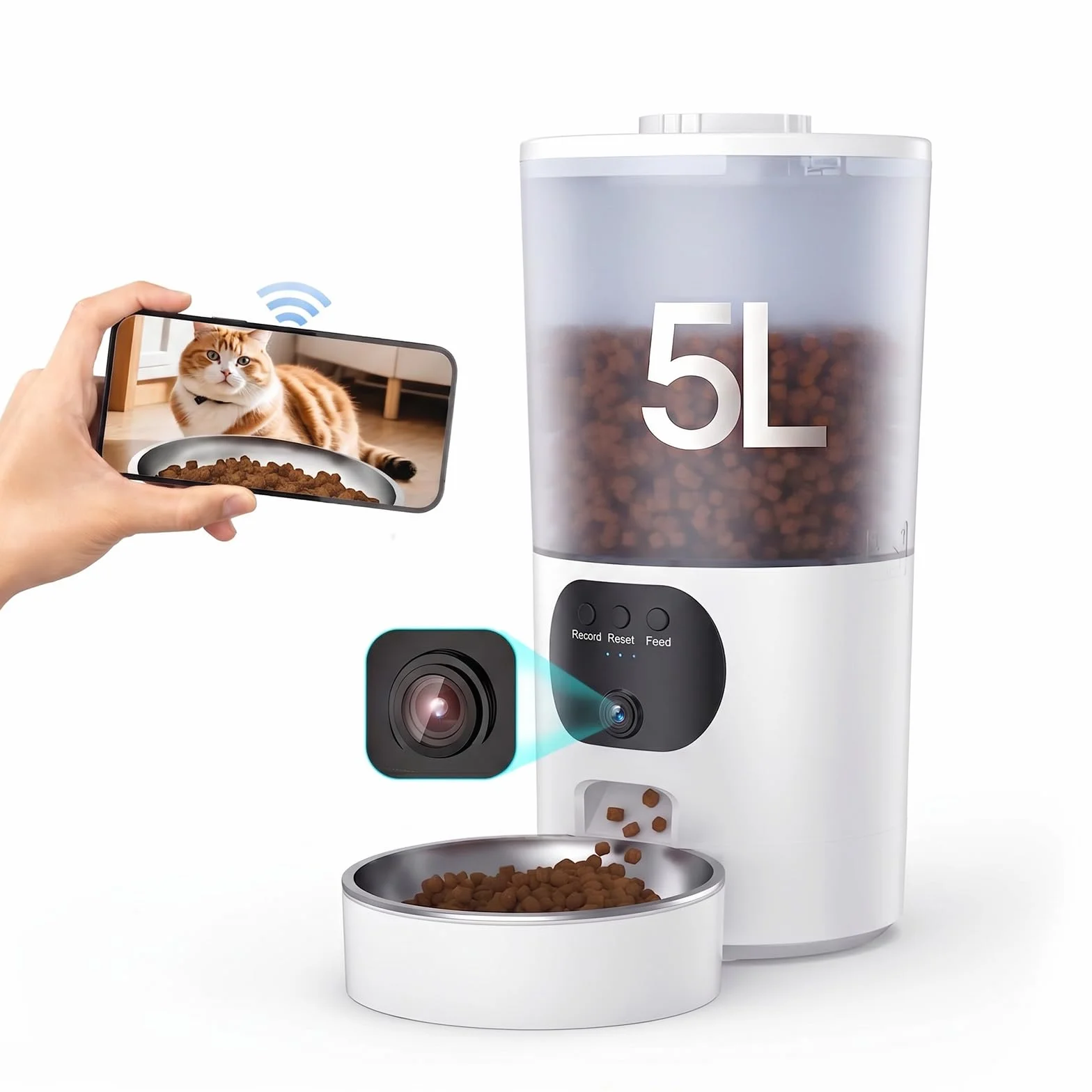 6L Distributore Automatico Cibo Gatti, telecamera WIFI 1080P HD, Ciotola inox, programmabile porzionato, anti-intasamento e chiusura automatica dell'uscita, batteria di riserva