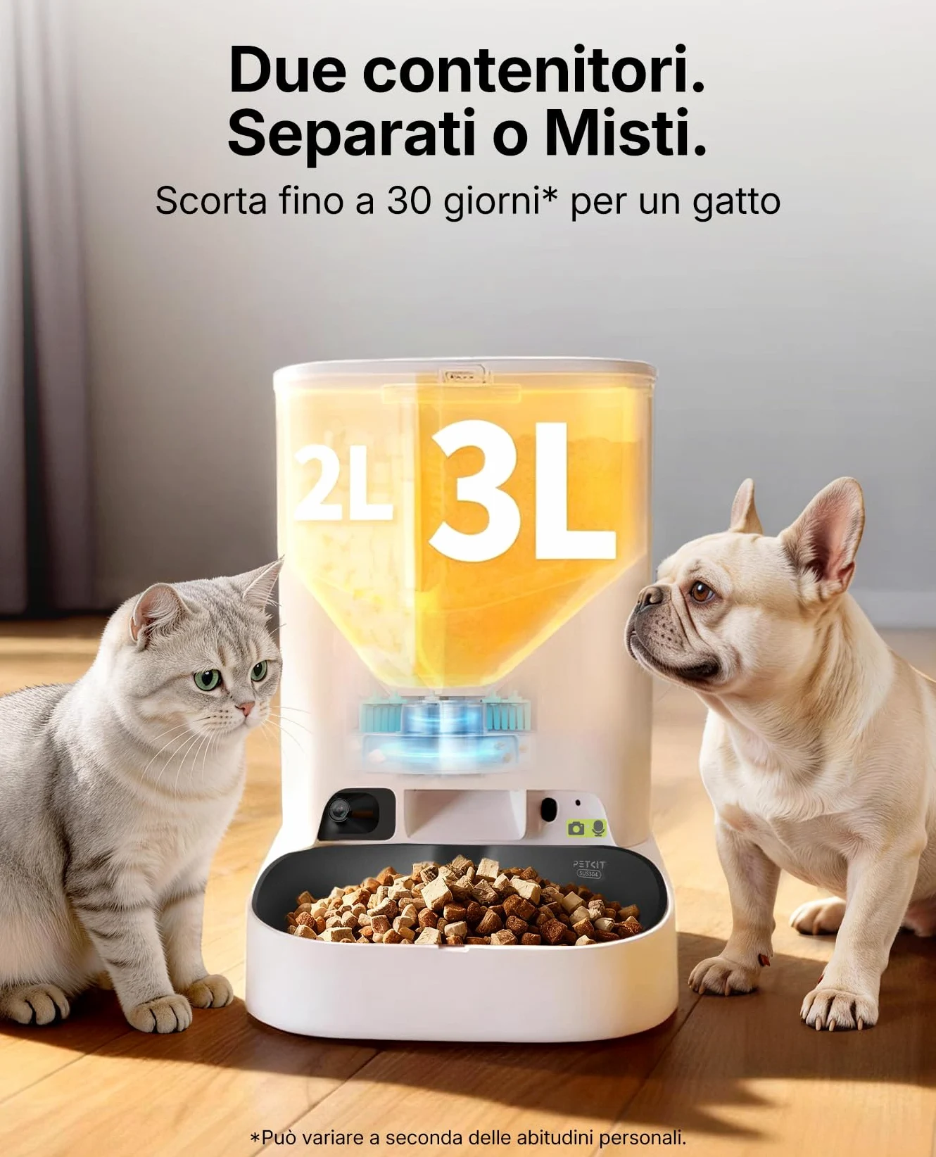 PETKIT YumShare Dual-Hopper 2, Distributore Automatico di Cibo per Gatti e Cani con Telecamera HD 1080p, Riconoscimento Multiplo Gatti, Funzioni AI, Capacità 5L, Wi-Fi 2.4 GHz e 5 GHz