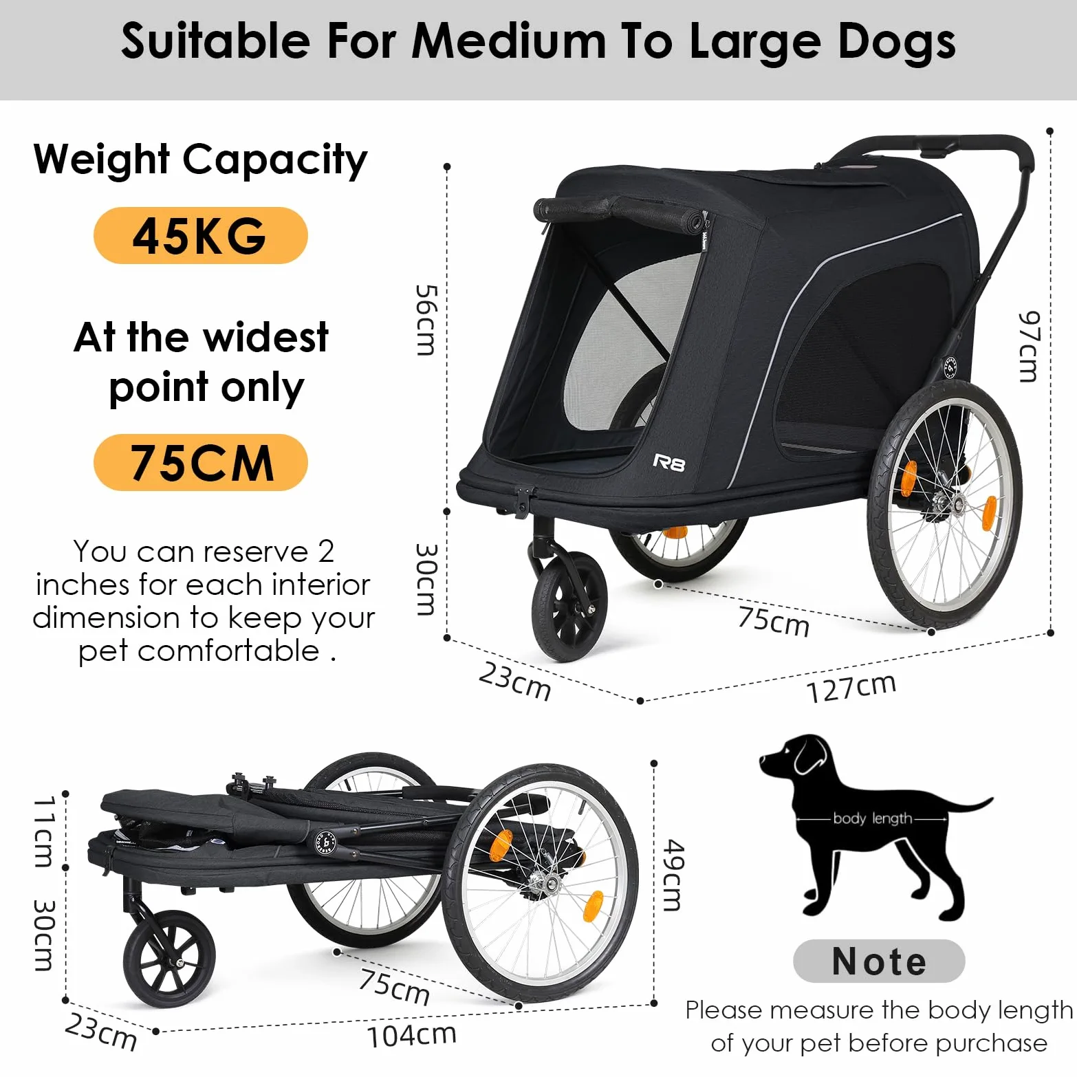 Beberoad 2 in 1 Rimorchio da Bicicletta e Passeggino per Cani, Rimorchio Bici per Cani con Porta Anteriore e Posteriore, Finestre a Rete e Tetto Apribile, Carico Massimo 45 kg
