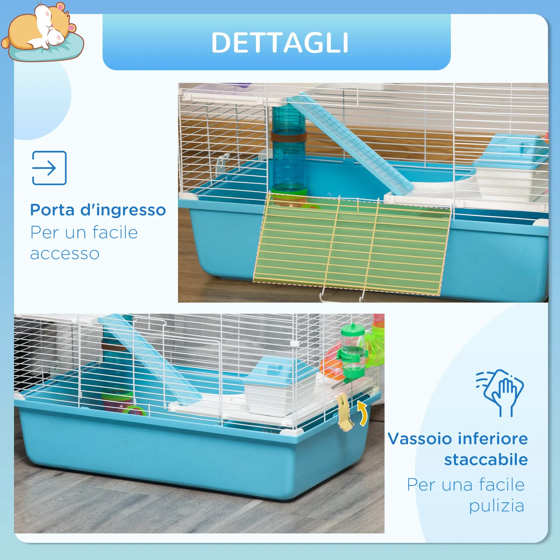 PawHut Gabbia per Criceti a 3 Livelli con Tubi, Casetta, Serbatoio dell'Acqua e Ruota, 59x36x47 cm, Azzurro e Bianco