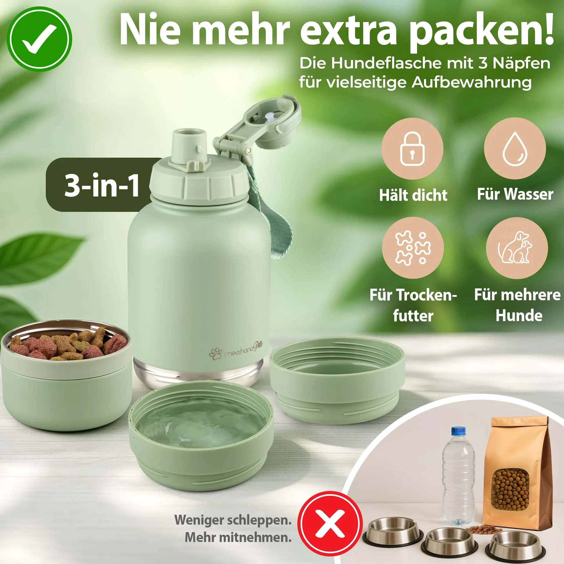 Pets - Borraccia per cani da viaggio, 1 l, con ciotole, ideale per viaggi, esterni, in acciaio inox isolato con ciotola, accessori per cani, bottiglia per cani con contenitore per alimenti
