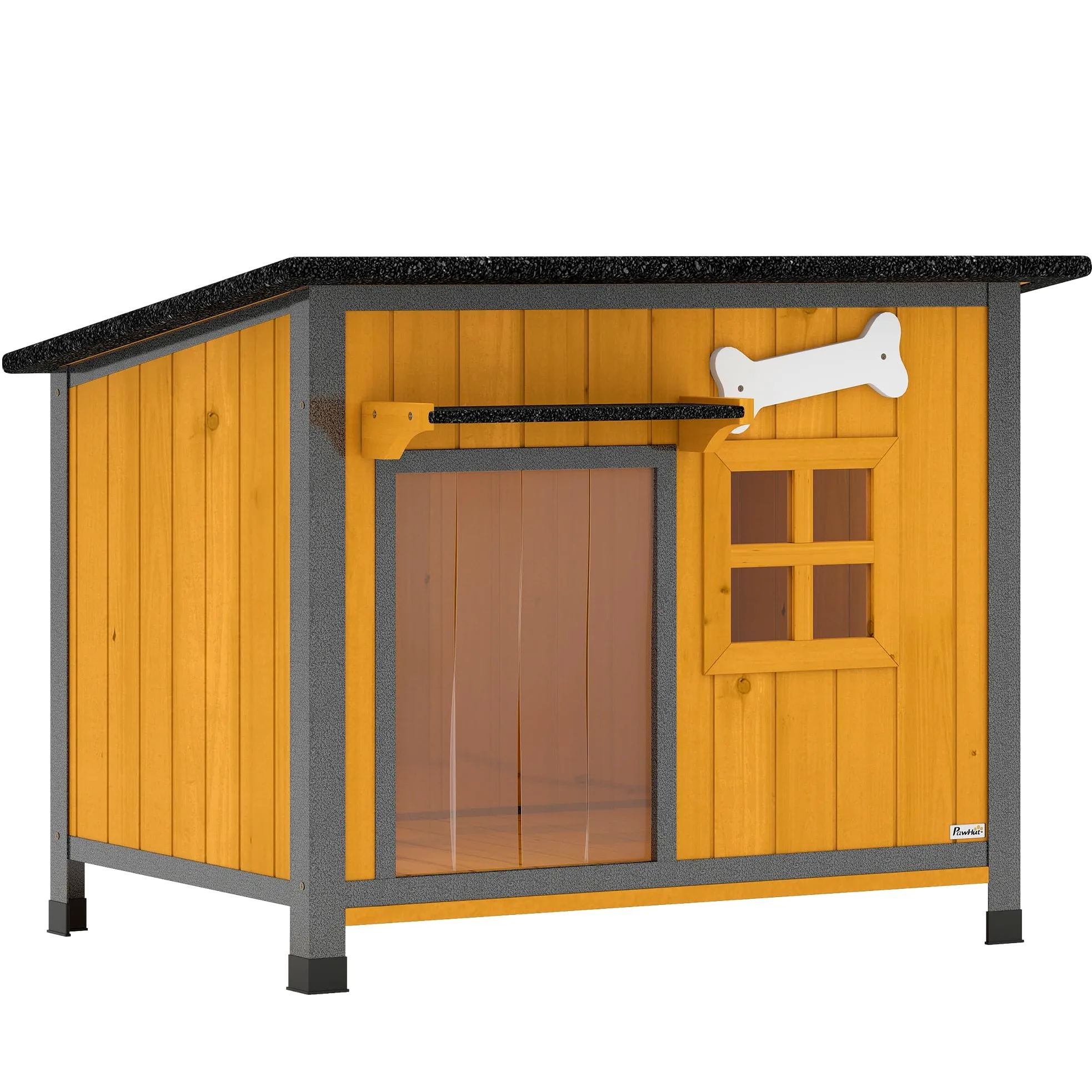 PawHut Cuccia per Cani da Esterno in Legno e Acciaio Anti-Morso, Casetta per Cani Rialzato con Tetto Spiovente Apribile e Impermeabile, Pavimento Rimovibile, Tenda per Porta, Tettoia, 84.5x62x65 cm