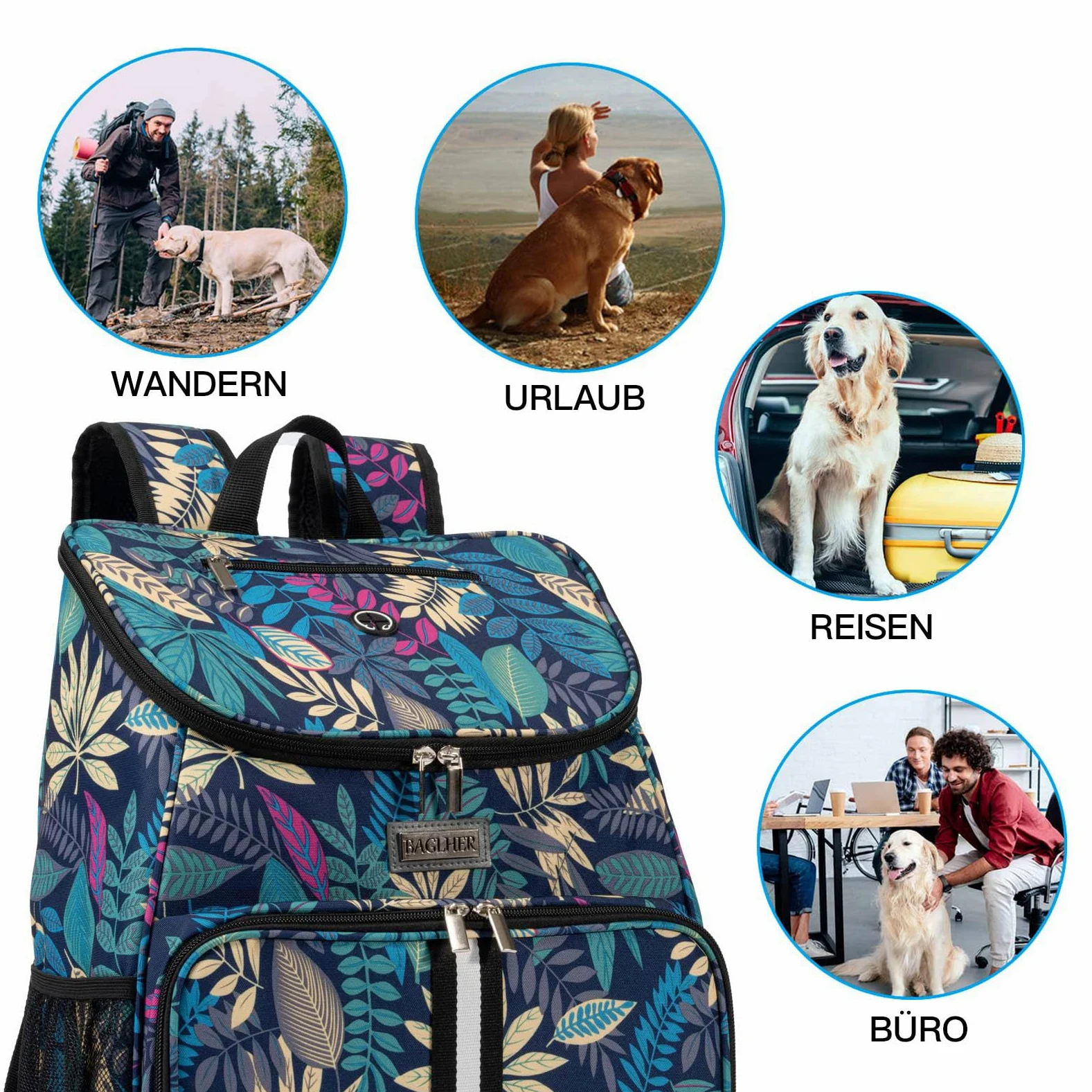 BAGLHER | Borsa da viaggio per cani, zaino per animali domestici approvato per voli aerei, zaino da viaggio per cani con 2 ciotole pieghevoli in silicone e 2 cestini per cibo
