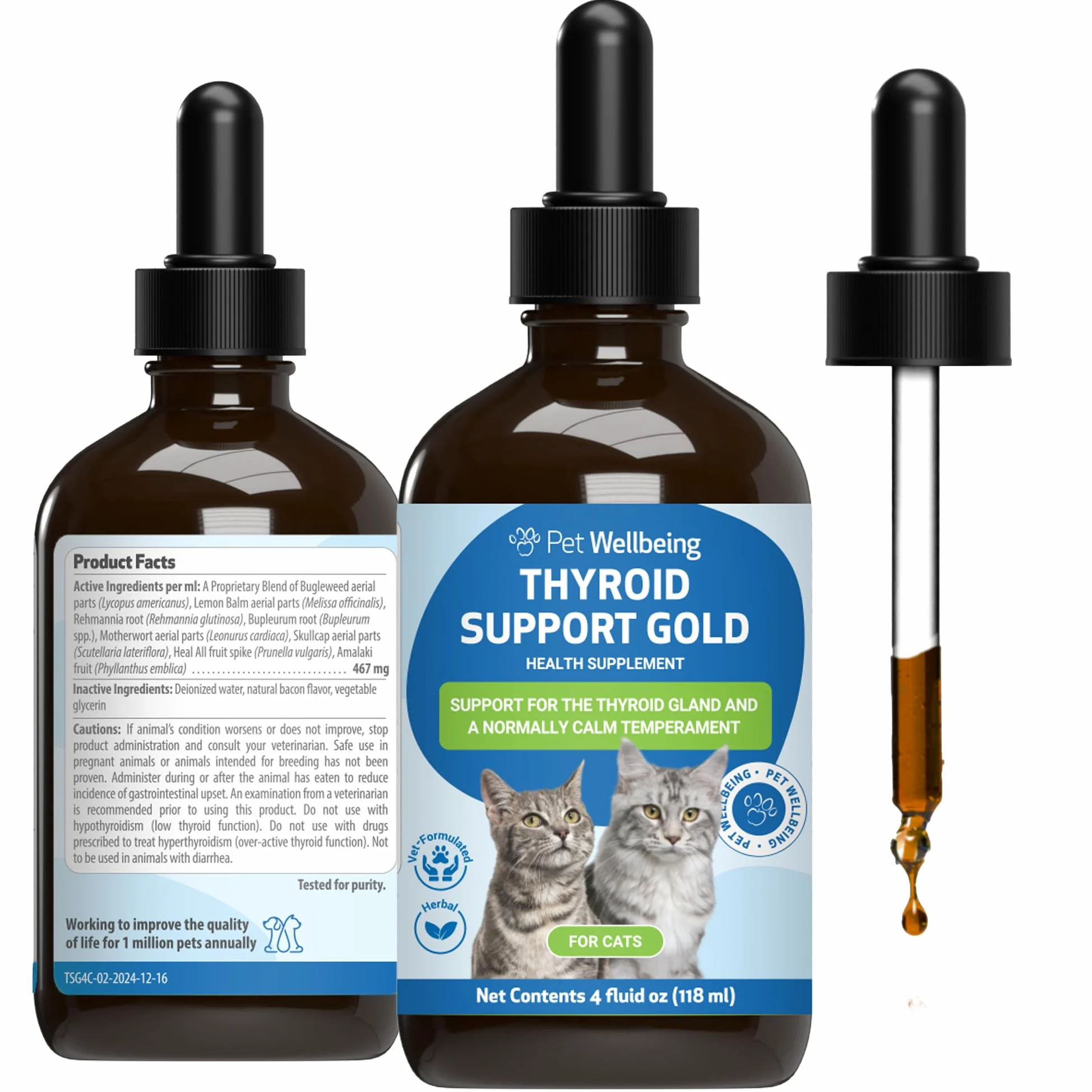 Pet Wellbeing Supporto Oro della Tiroide per I Gatti - Naturale Supporto della Ghiandola Tiroidea Felina E Temperamento Calmo Normale - 4 Oz (59Ml)