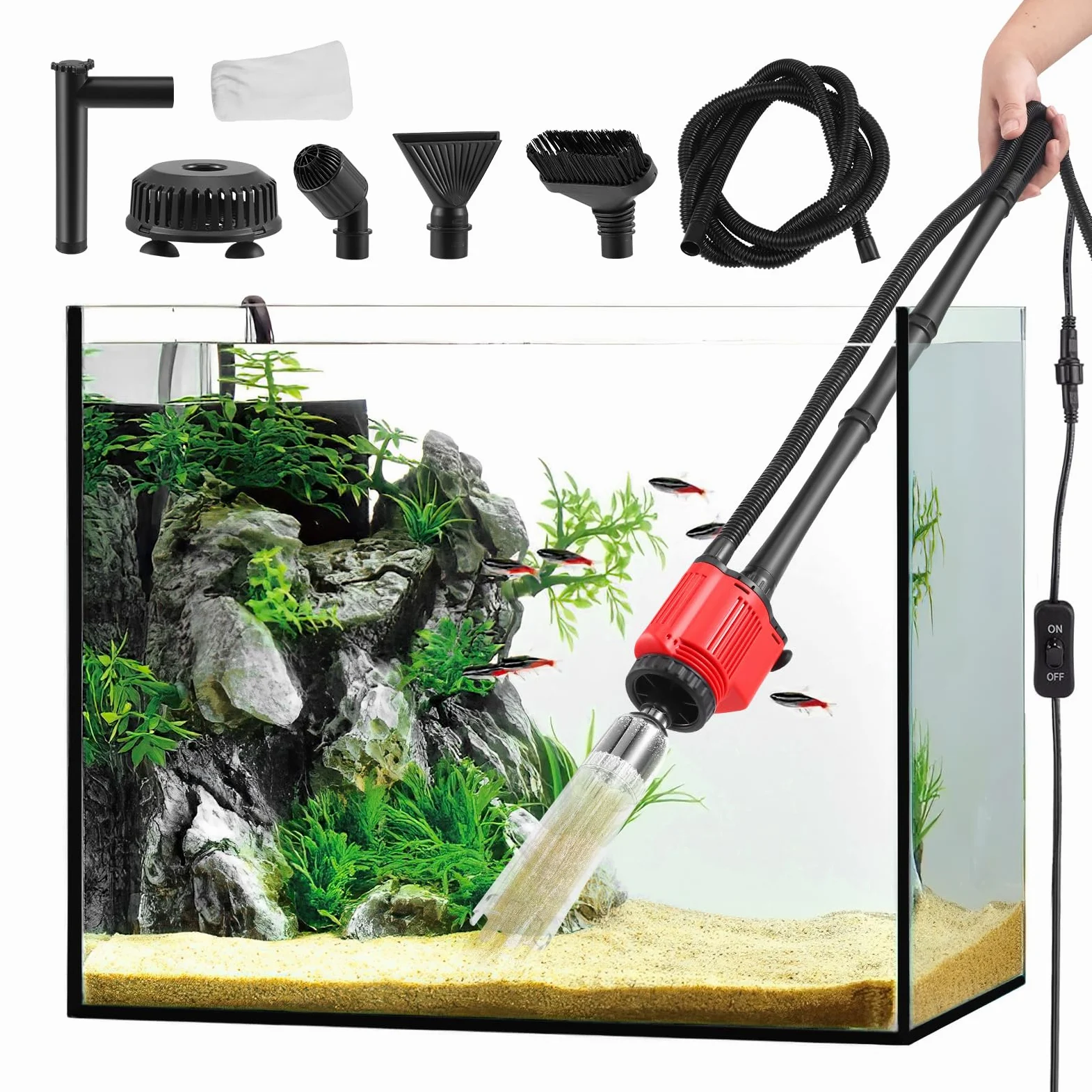 Pulitore Elettrico per Acquario, Aspiraghiaia Elettrico per Acquari 6 in 1, Pulizia Ghiaia e Sabbia, Aspirapolvere Acquario 28W, per Cambio Acqua, Pulizia Sabbia, Rimozione Sporco, Filtraggio