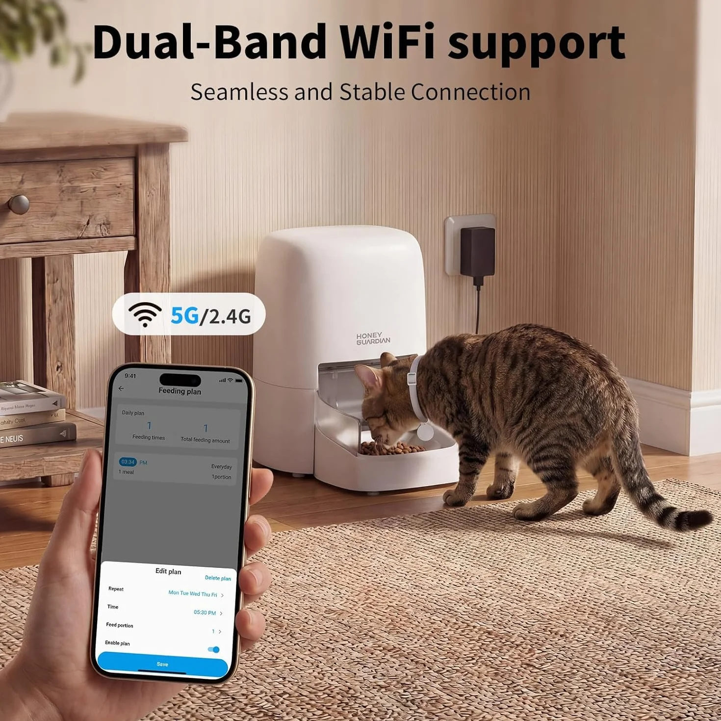 HoneyGuaridan RFID 5G WiFi Distributore Automatico Cibo Gatti, 4.6L Dispenser Crocchette Gatto con Pasti Personalizzati Attivati dal Collare, Monitoraggio Dietetico e Antifurto, Ciotola in Ceramica