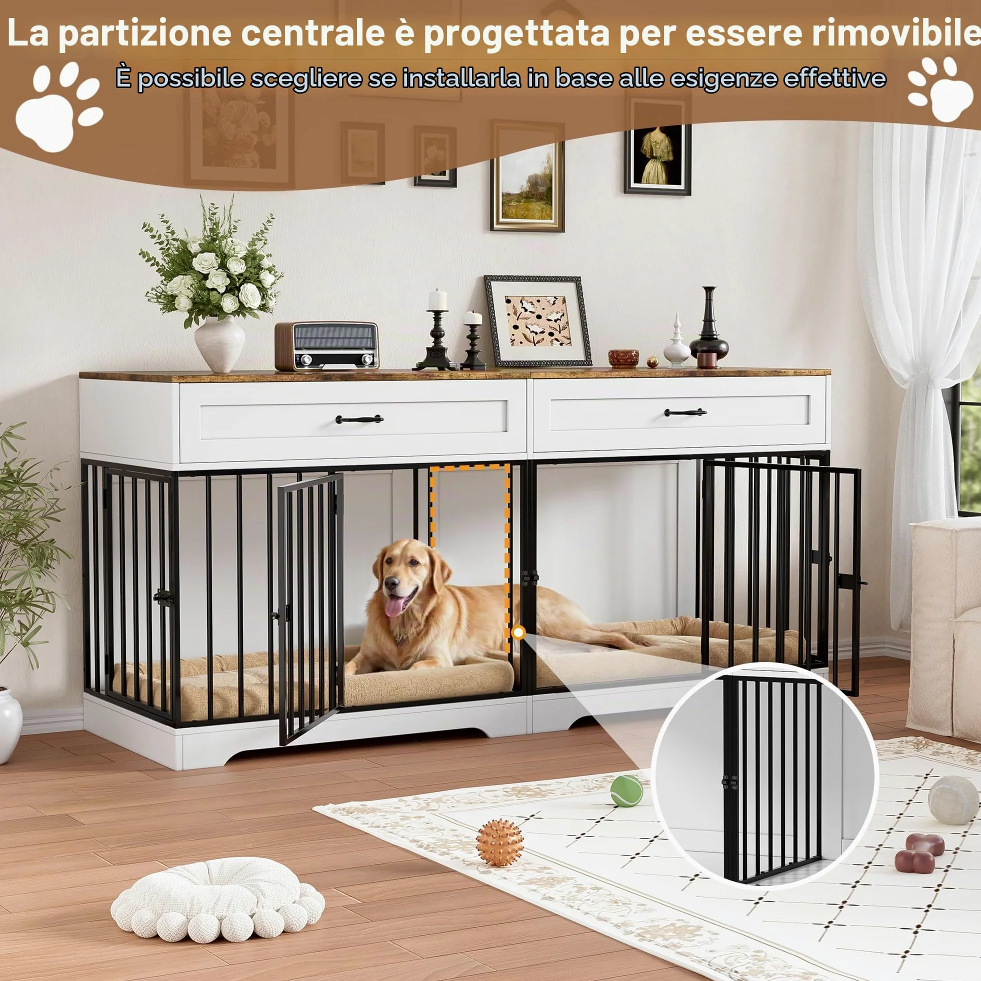 Gabbia per Cani Kennel, Casetta per Cani da Interno, 178CM Gabbietta per Animali in Legno e Metallo, XXL Cuccia Robusta per Dog con Divisorio & 2 Cassetti,Casetta per Animali,4 Porte,Fino a 100KG