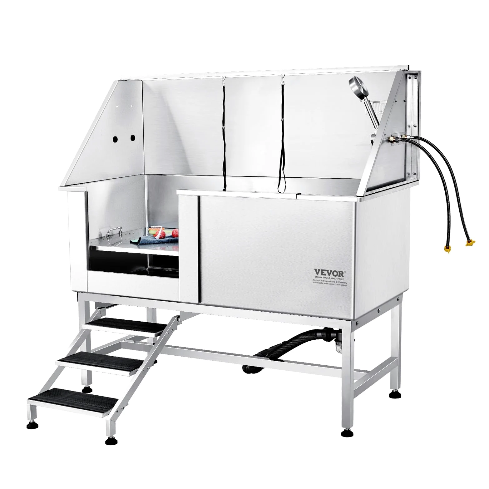 VEVOR Vasca da Bagno per Cani Animali Vasca di Doccia per Animali Domestici in Acciaio Inox con Scale Lunghezza Max.157 cm Carico Max. Circa 200 kg, Vasca Doccia per Toelettatura per Cani con Scale