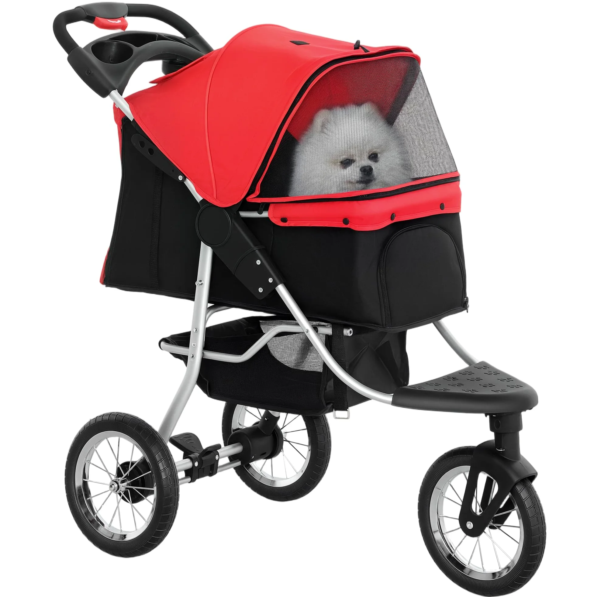 PawHut Passeggino pieghevole per cani e gatti fino a 10 kg, con finestra a rete, portabevande per gatti, colore: rosso