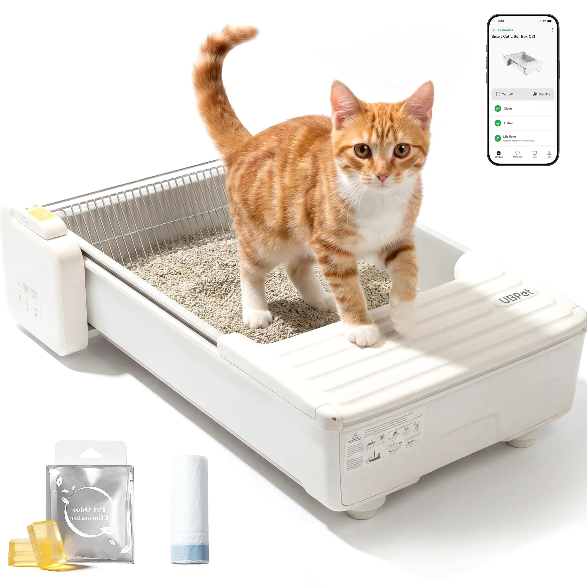 UBPET C31 Lettiera Autopulente per Gatti, Lettiera Aperta Autopulente con Controllo App, Deodorizzatore, Sistema a Doppio Rastrello, Grande Capacità, per Più Gatti