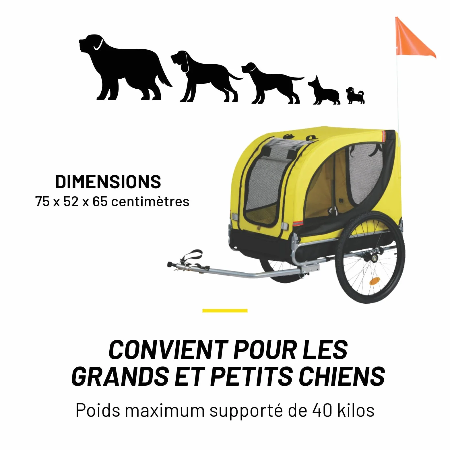 Dunlop Carrello per Bici Max. 40 KG - Rimorchio Bici Cani Pieghevole a Piatto - Facile da Montare - Rimorchio Bicicletta Copertura Antipioggia - Ruote Gonfiabili Rimovibili