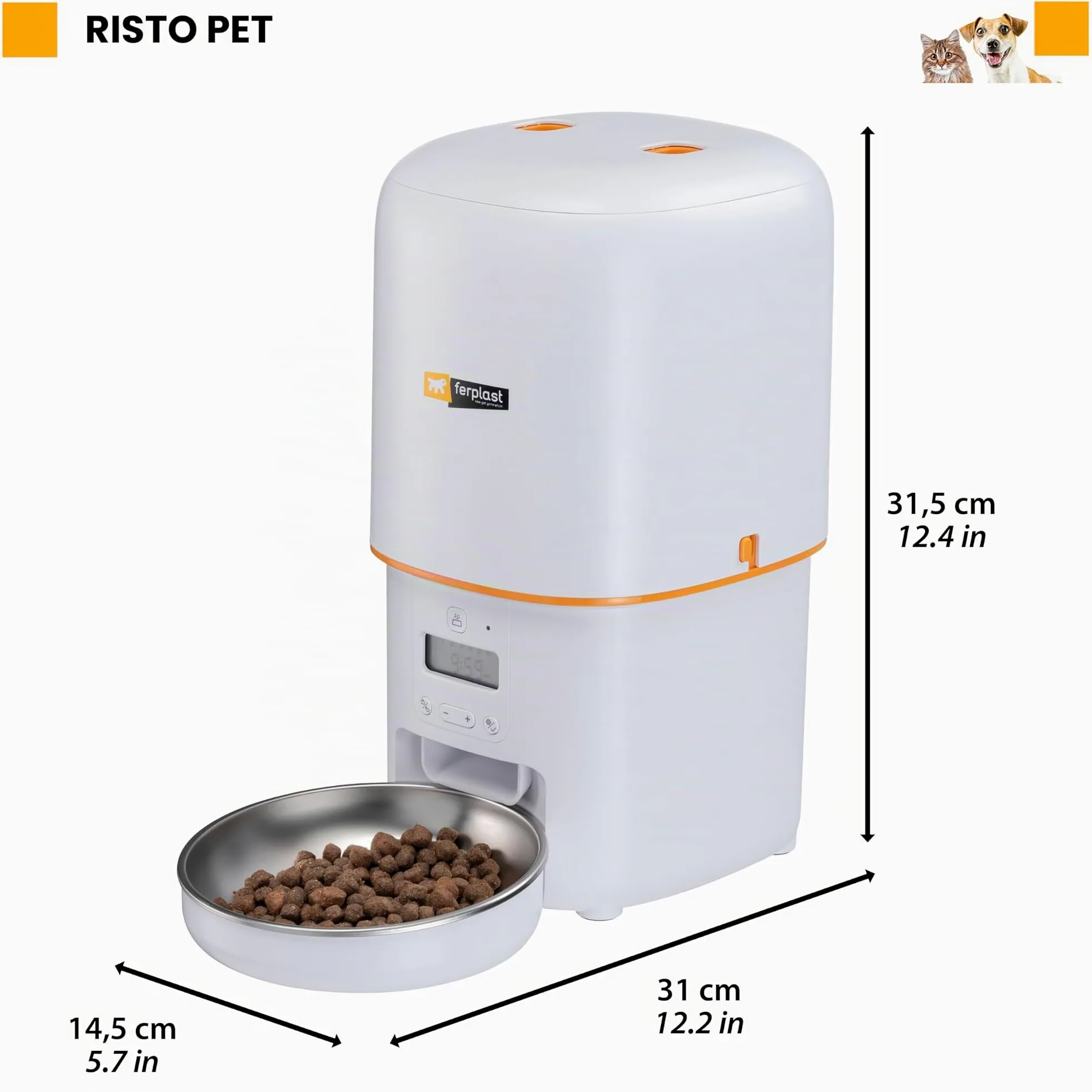 Ferplast Distributore Automatico Cibo Gatti e Cani, 4L, Programmabile Fino a 6 Pasti al Giorno e 16 Dosaggi, Doppia Alimentazione Batterie e Spina, Essiccante Controllo Umidità, Ciotola Acciaio Inox