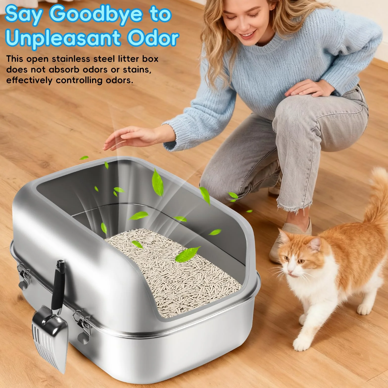 Lettiera per gatti in acciaio inox xl, 60x40x30cm Lettiera semi-chiusa in metallo con recinzione alta, paletta lettiera, antiaderente, facile da pulire