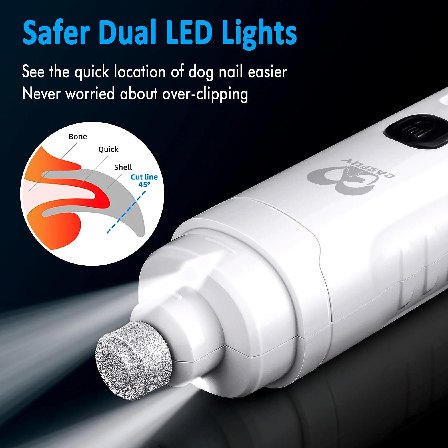Casfuy Lima Unghie Cani - Tagliaunghie per Cani Elettrico con 2 luci LED Ricaricabile Silenziose con Vibrazioni Ridotte a 2 velocità Professionale per Cani e Gatti di Taglia Piccola Media e Grande