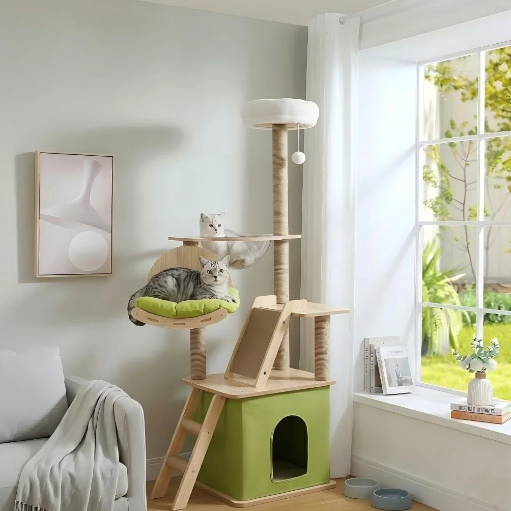 Albero per gatti - 150 cm Torre per gatti - Albero per gatti per interni - Con casa per gatti, capsula spaziale trasparente, piattaforma di salto in peluche, pallina giocattolo, cuscinetto in