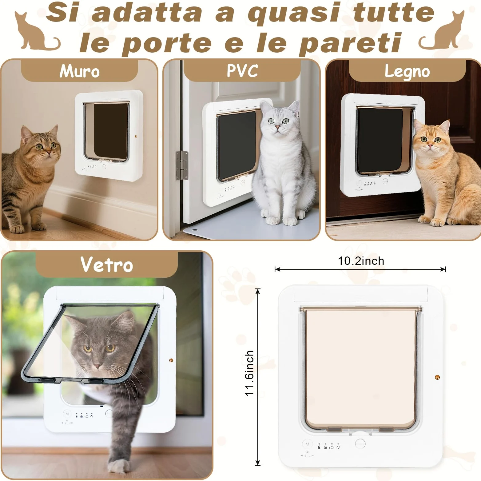Gattaiola per Gatti Con Microchip, 3 Chiavi Con Sensore a Collare e 1 Telecomando, Porta per Gatti Con Chiusura a 4 Vie e Sensore a Collare RFID (Bianco)