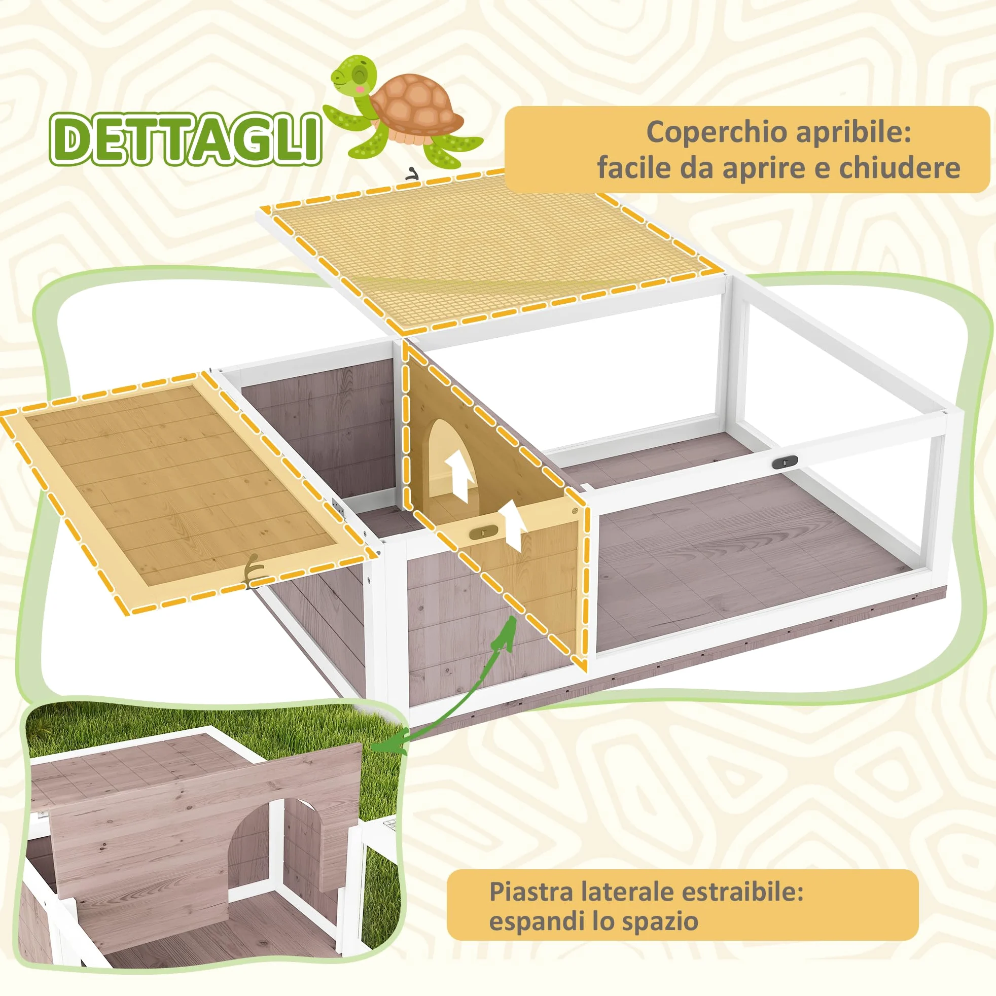PawHut Casa per Tartarughe di Terra con Pannello Apribile e 2 Spazi Separati, Terrario Tartarughe di Terra in Legno di Abete e Acciaio Zincato, 91x60.5x32 cm, Marrone Chiaro