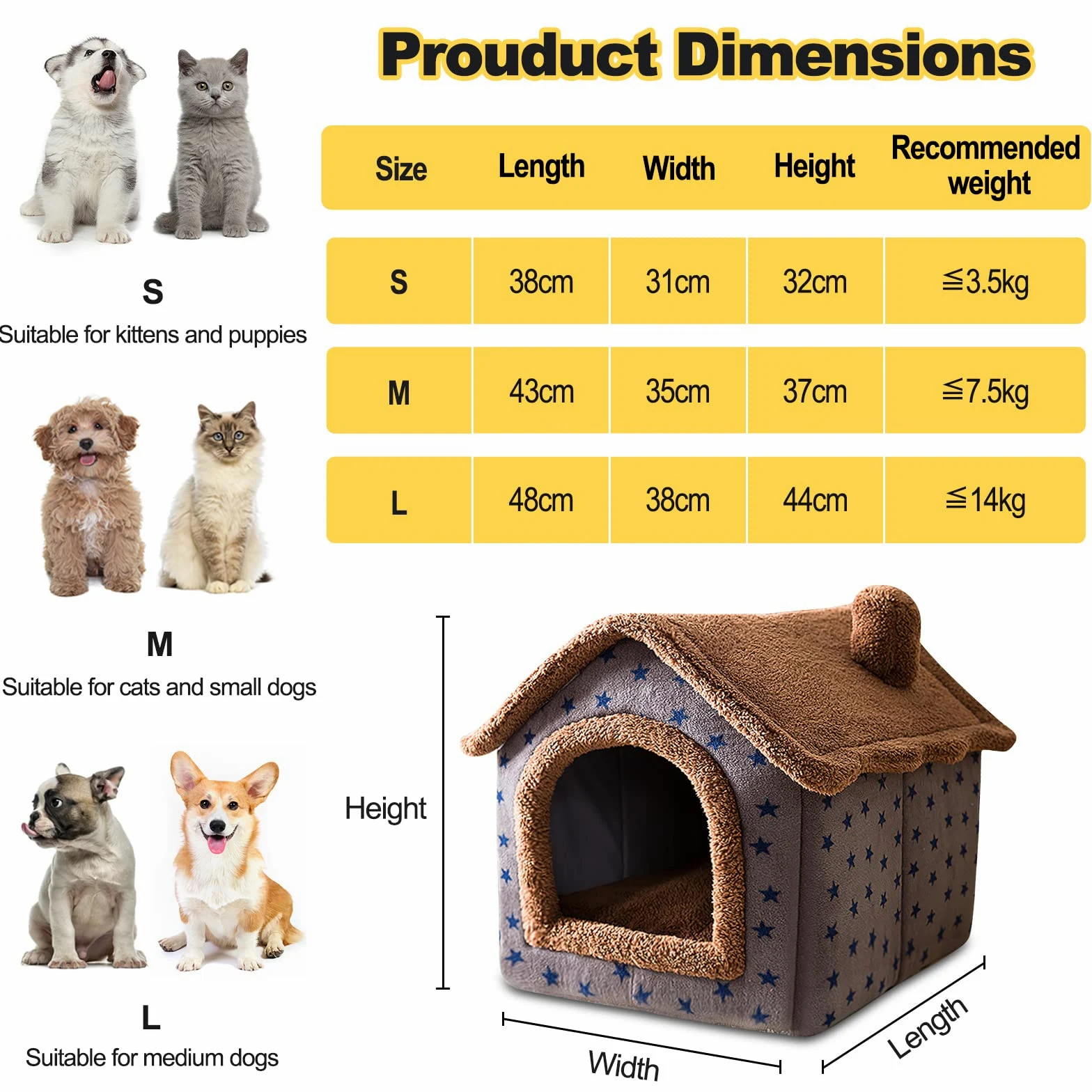 Galatée Letto Grotta Per Gatti, Cuccia Per Cani Lavabile, Igloo Per Gatti In Peluche Caldo e Accogliente, Cuccia Per Gatti Pieghevole e Confortevole, Cuccia Per Animali Domestici(M, Stelle Marroni)