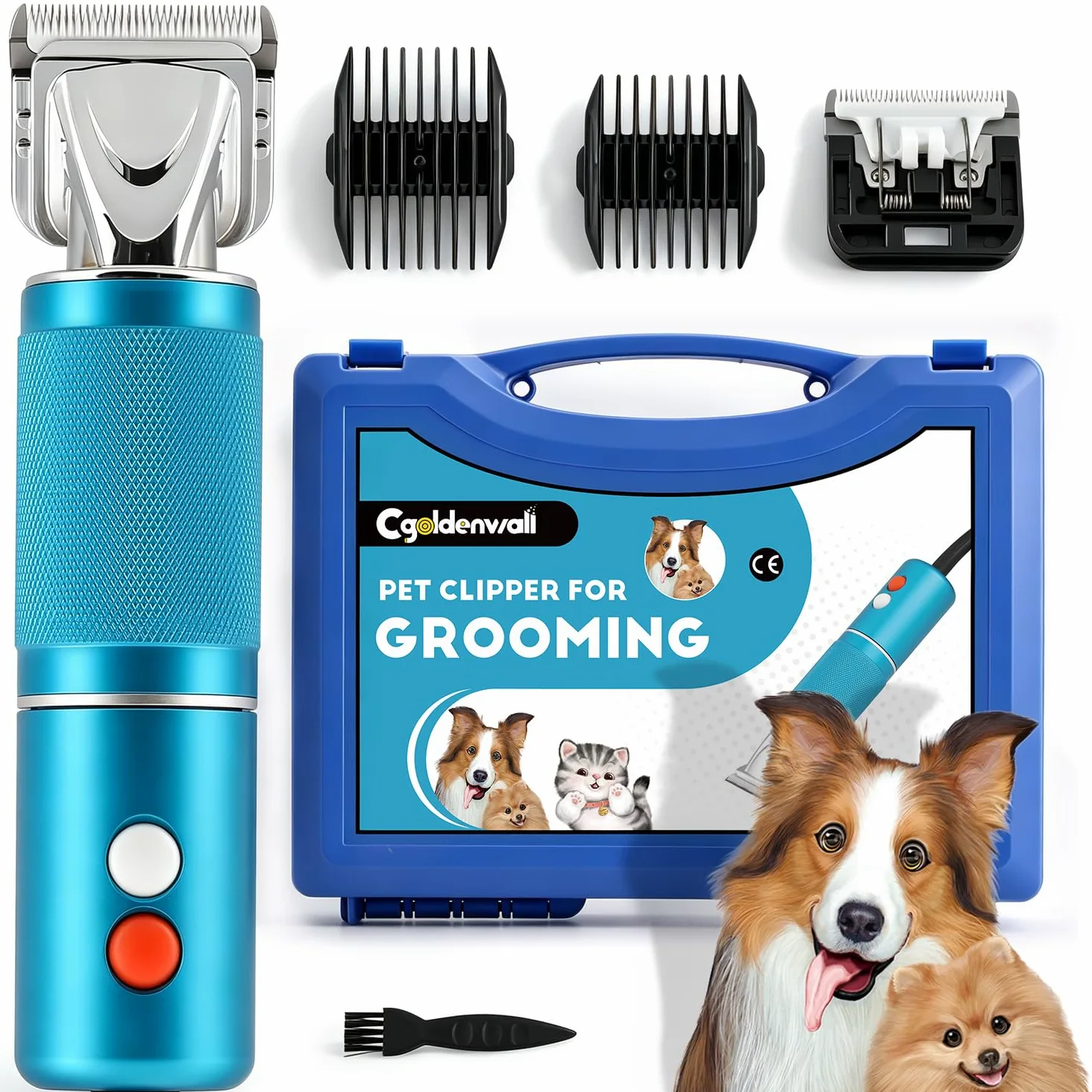 CGOLDENWALL 300W Tosatrice per Cani per Animali di Tutti i Tipi di Pelo, Velocità Regolabile su 3 Livelli da 2000-6000 giri/min, Cavo da 3 m, Rumorosità< 50DB, Con 2 Lame& 2 Pettini (3/6 mm, 9/12 mm)