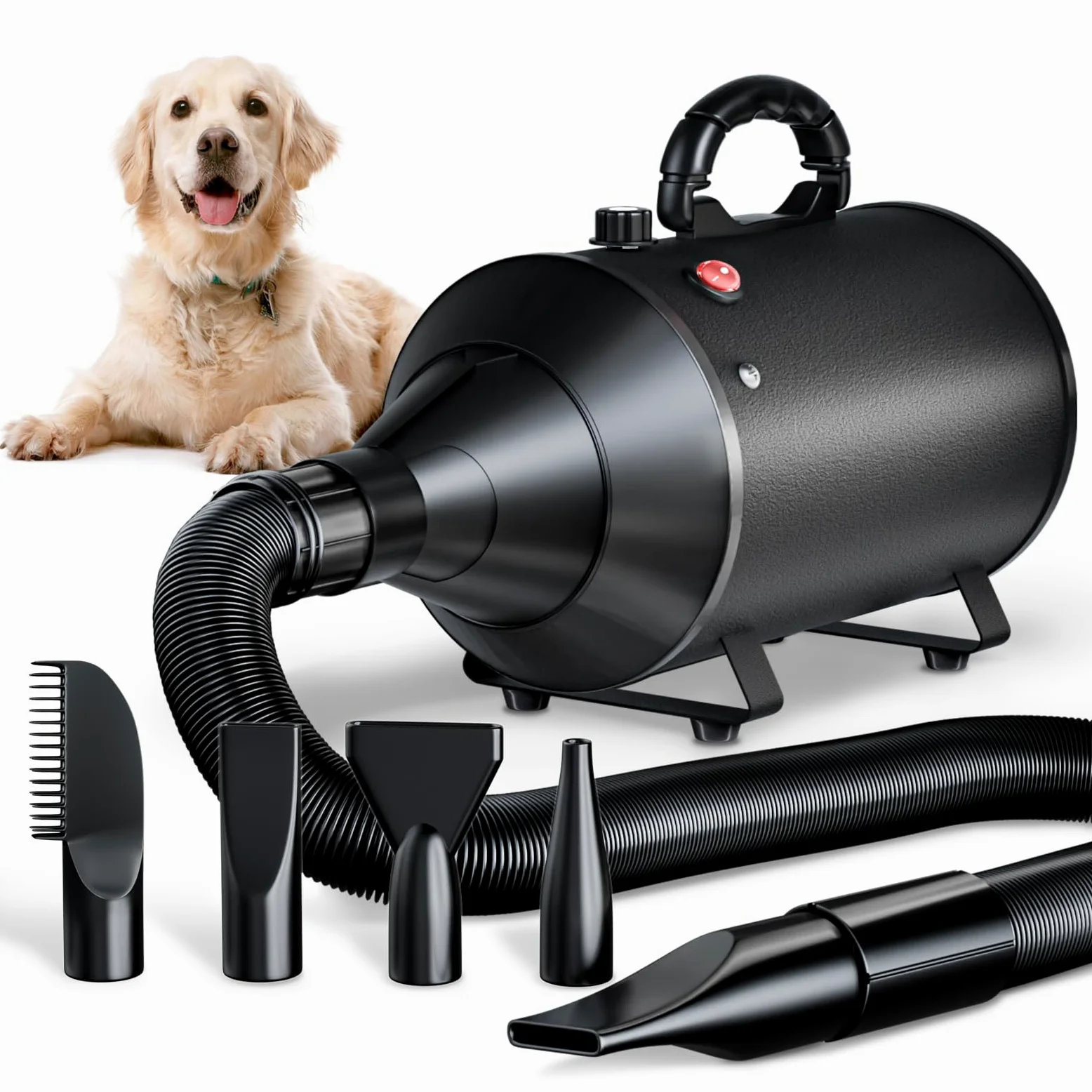 Soffiatore per Cani 3000W Blower Molto Silenzioso velocità Regolabile, Ventilatore per la Cura del Cane con 4 Diversi ugelli e Tubo Elastico