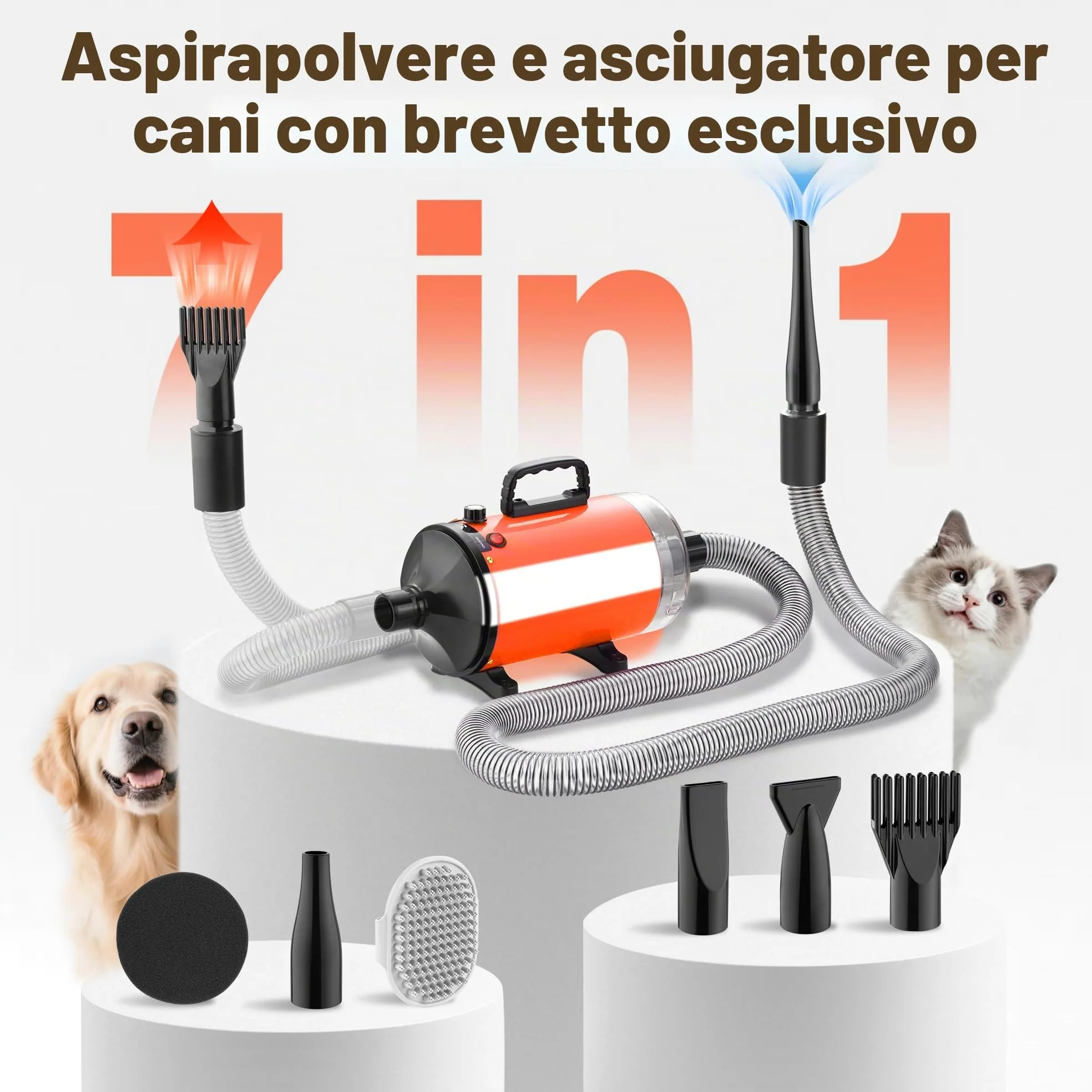 DEWINNER 2 in 1 Asciugacapelli Professionale per Cane, Blower 3200 W con Aspirapolvere, Velocità e Temperatura Regolabili, Silenzioso, 5 Ugelli, Tubo Elastico + Spazzola