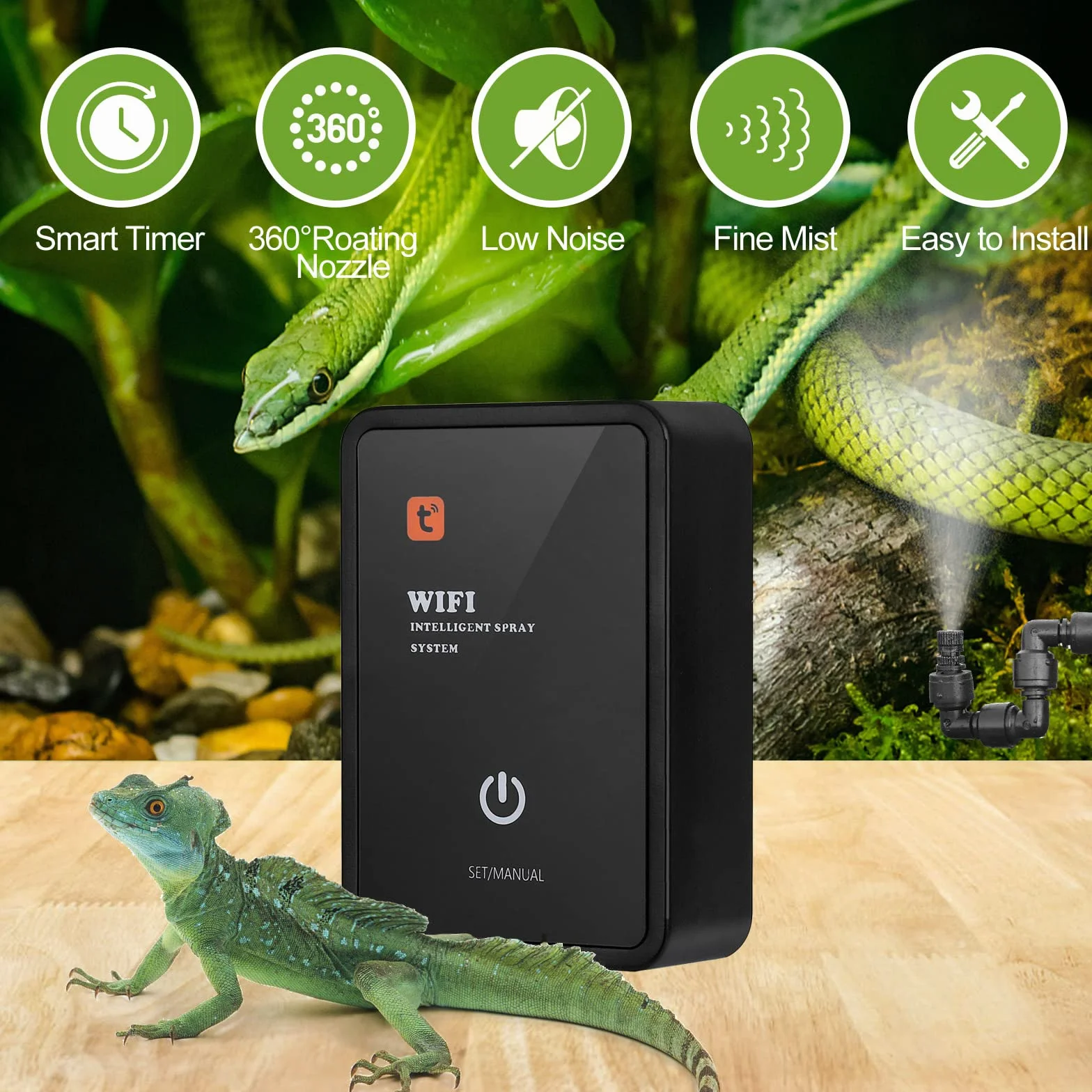 Diealles Shine Sistema di Nebulizzazione per Rettili, Umidificatore per Rettili Automatico, Umidificatore per Terrari con Fogger Nebbia Sprinkler Regolabile per Foresta Pluviale