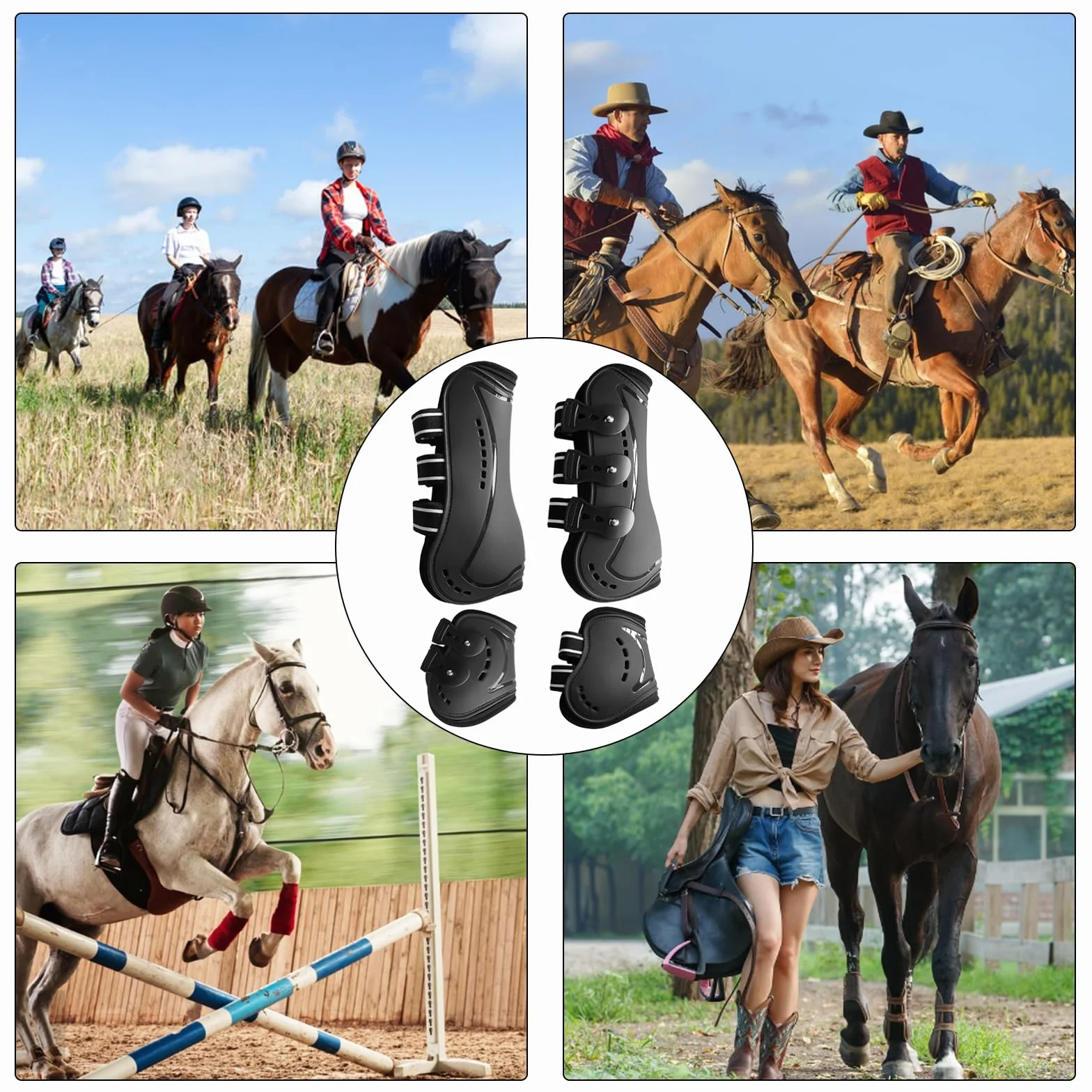 Set di Tendine per Cavallo, Horses Stinchiere Mesh Boots Set 4 Pezzi,Stivali per Gambe da Cavallo,Ghette da Salto,Cavallo Anteriore Posteriore Gamba Shock Absorbing Show Competition Leg Protection,L