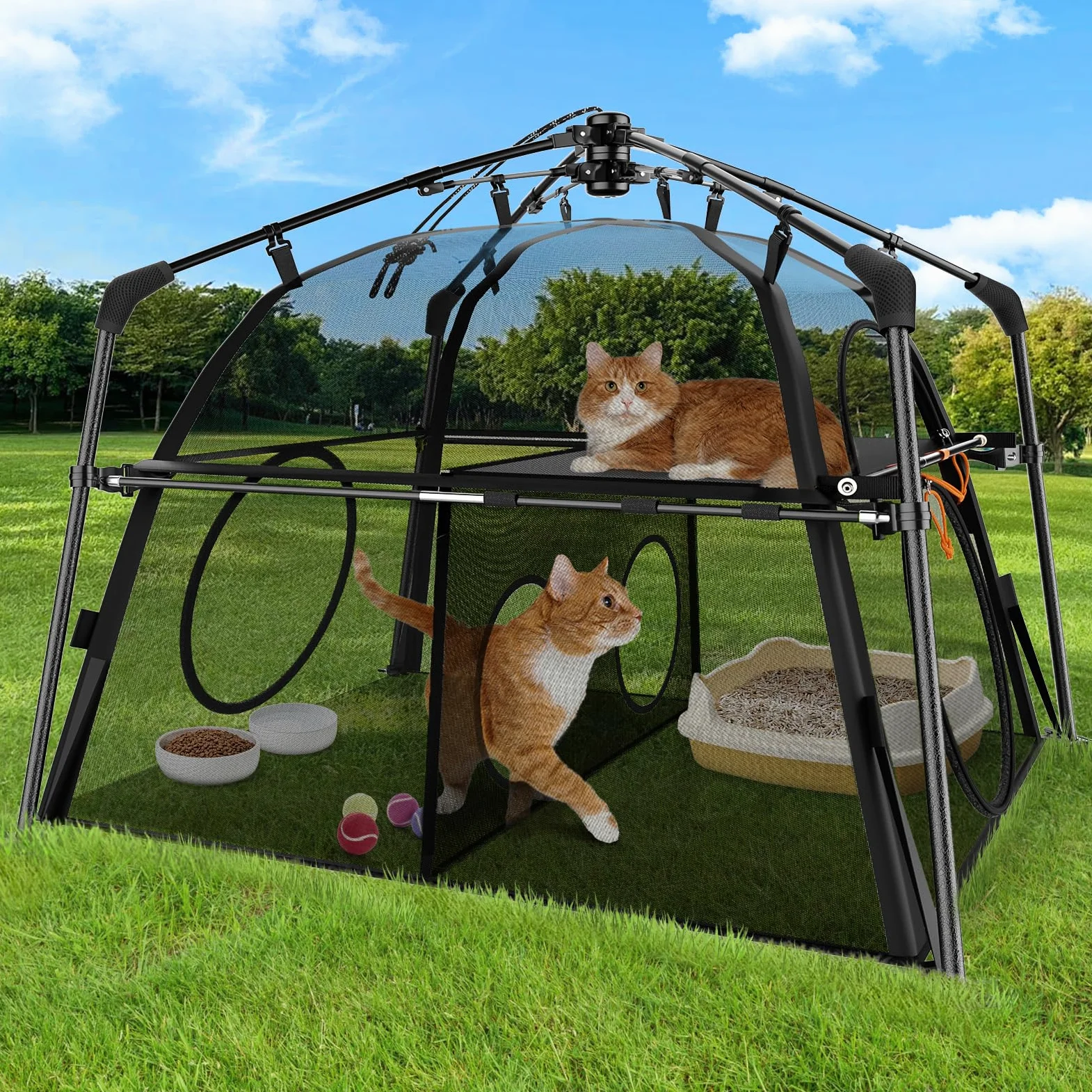 Catio - Recinzione per gatti extra large Rywell a 2 livelli per patio, balcone, interni e campeggio, box pieghevole per gatti da esterno con finestre, resistente alle intemperie e al sole (borsa per