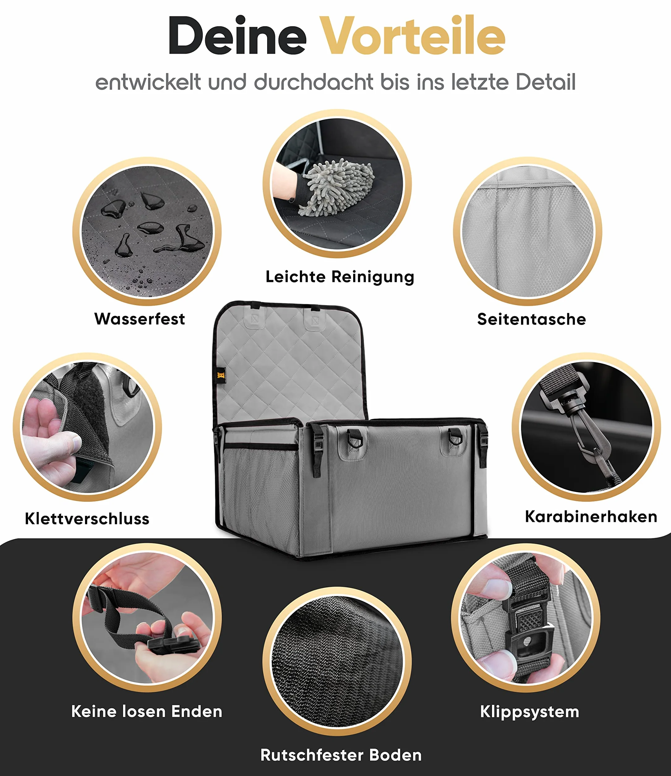 Heldenwerk Seggiolino auto per cani extra robusto Pareti rinforzate e 5 cinghie impermeabile sedile posteriore anteriore grigio misura