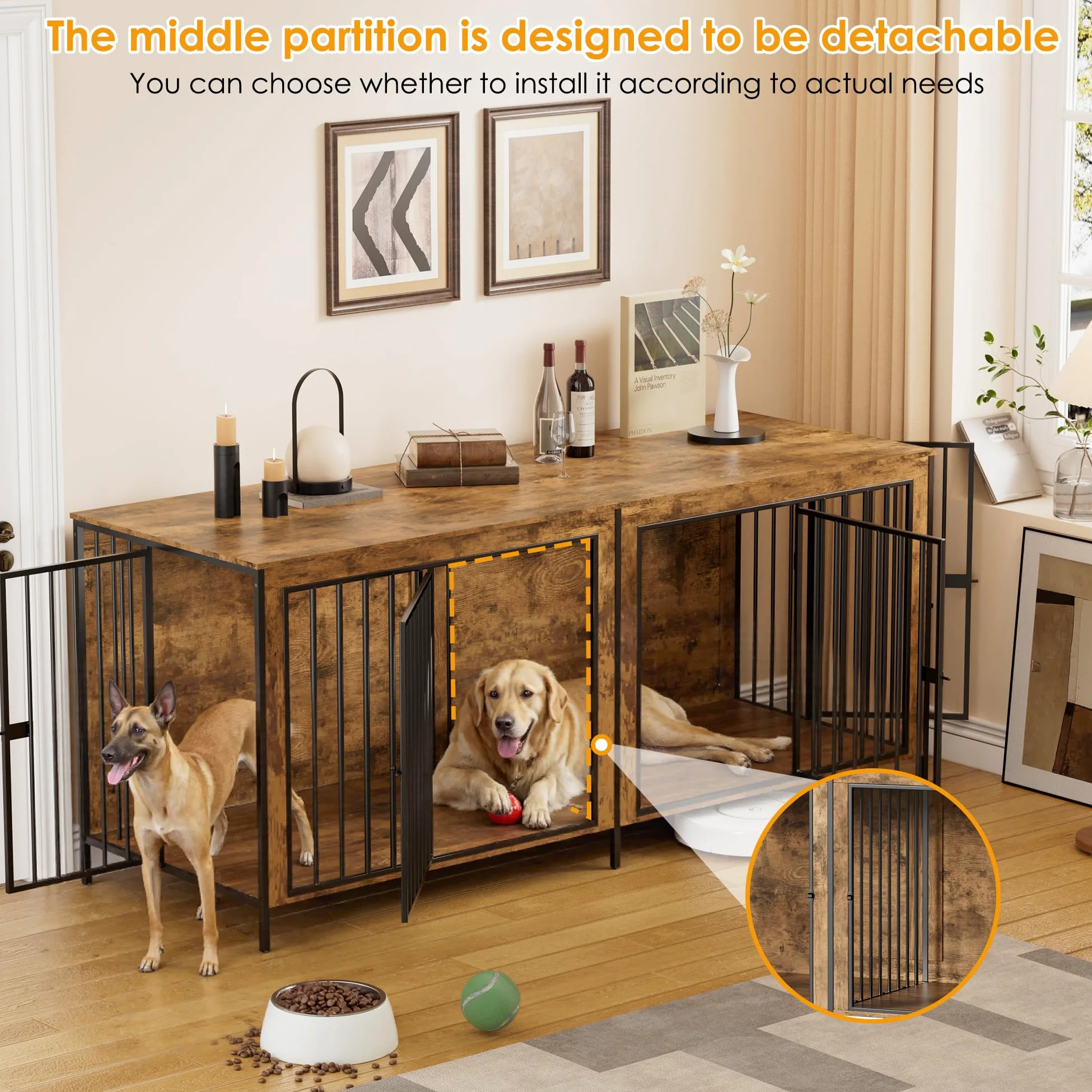 Gabbia per Cani Kennel,200CM Casetta per Cani da Interno,Gabbietta per Animali in Metallo e Legno,Tavolo Supplement,XXL Cuccia Robusta per Dog con Divisorio,Casetta per Animali,4 Porte,Fino a 100KG