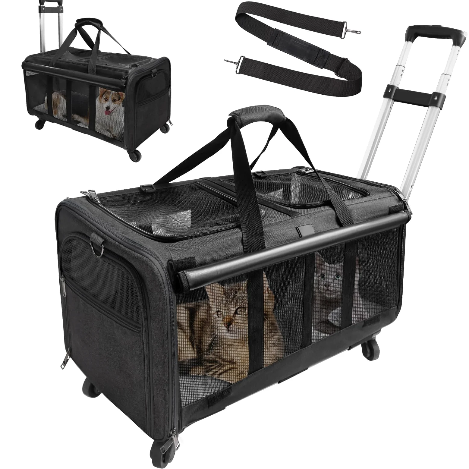 Marsupio a doppio scomparto con ruote per 2 animali domestici, fino a 15,9 kg, trasportino per gatti con rotolamento per 2 gatti, design super ventilato, ideale per