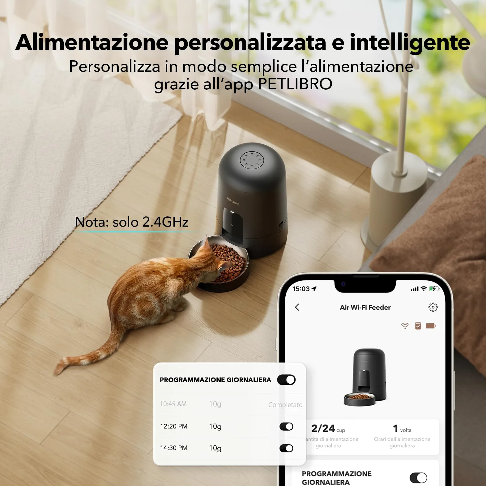 PETLIBRO 2.4G WiFi Distributore Automatico Cibo Gatti con Batteria, Distributore Automatico Cibo Cani Senza Fili in Acciaio Inox, Mangiatoia Intelligente per Gatto, APP Controllo, 1-10 Pasti, 2L,Nero