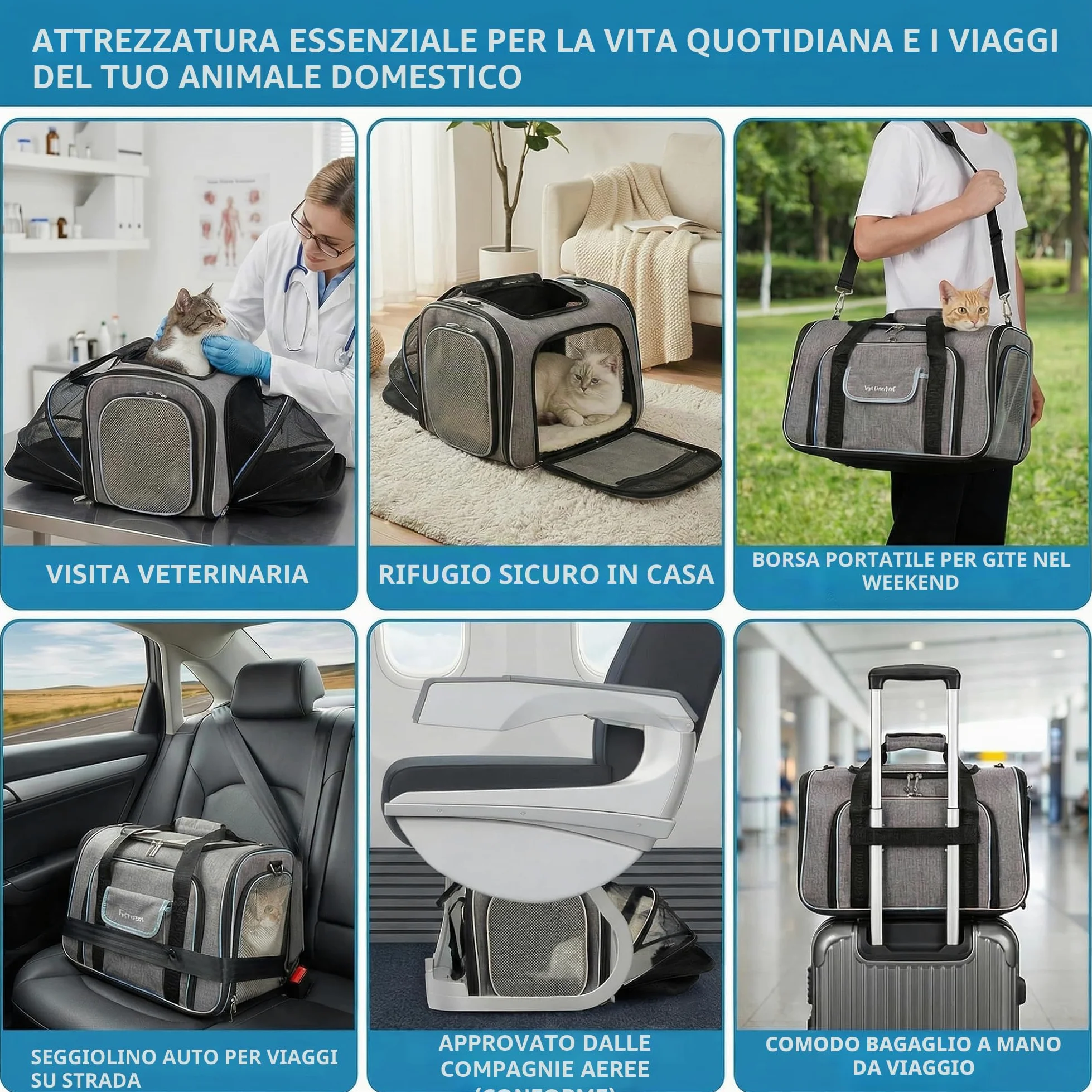 Borsa da Trasporto per Gatti - Trasportino Rigido Omologato IATA per Gatti a 4 Lati - Borsa da Viaggio per Gatti Espandibile per Viaggi in Aereo