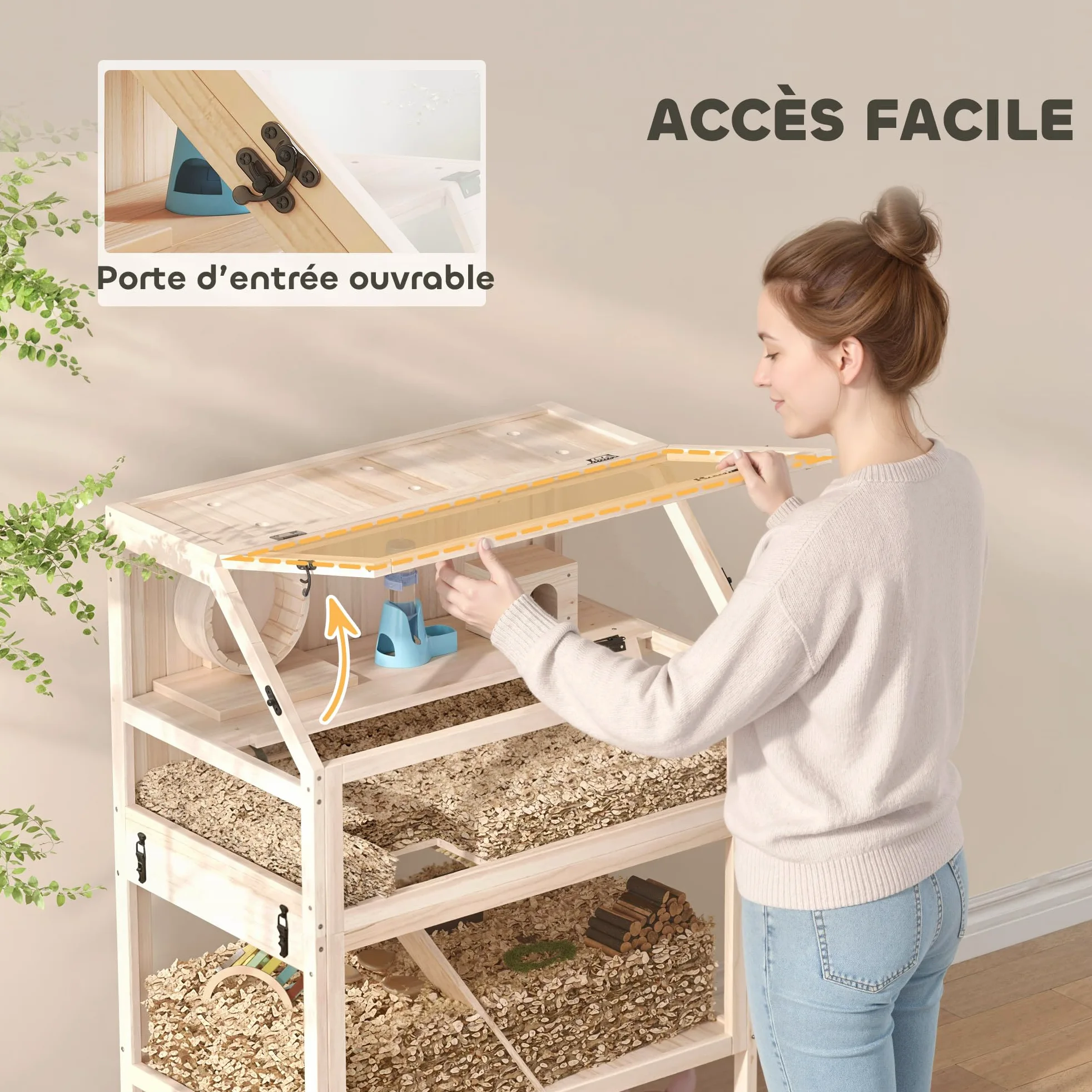 PawHut Gabbia per criceto in legno XXL – Habitat per roditori a 3 piani con pannello acrilico e ruota – Casa piccolo animale di lusso con accessori e ripiano di stoccaggio, 80 x 53 x 117 cm, effetto