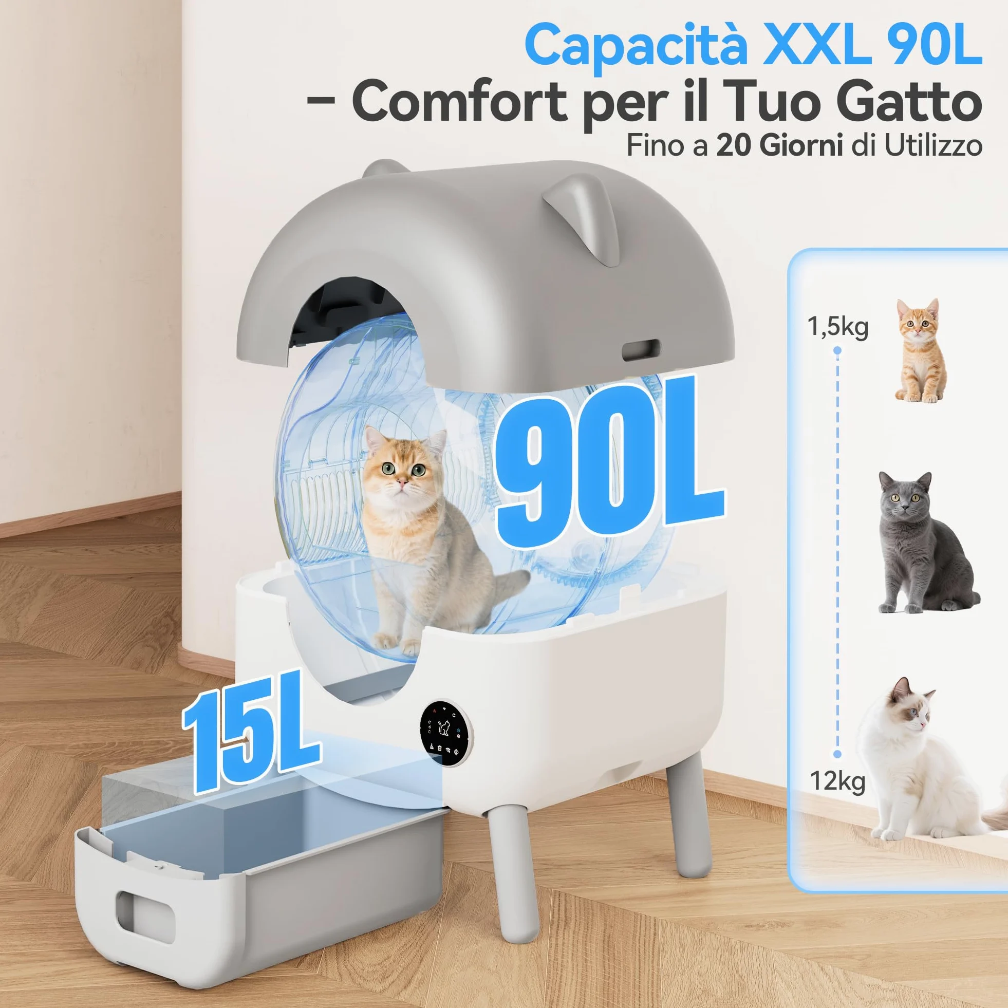 JUMMICO Lettiera autopulente per gatti XXL, grande capacità 90L+15L, controllo tramite app, pannello operativo, monitoraggio salute intelligente IA, lettiera per famiglie con più gatti