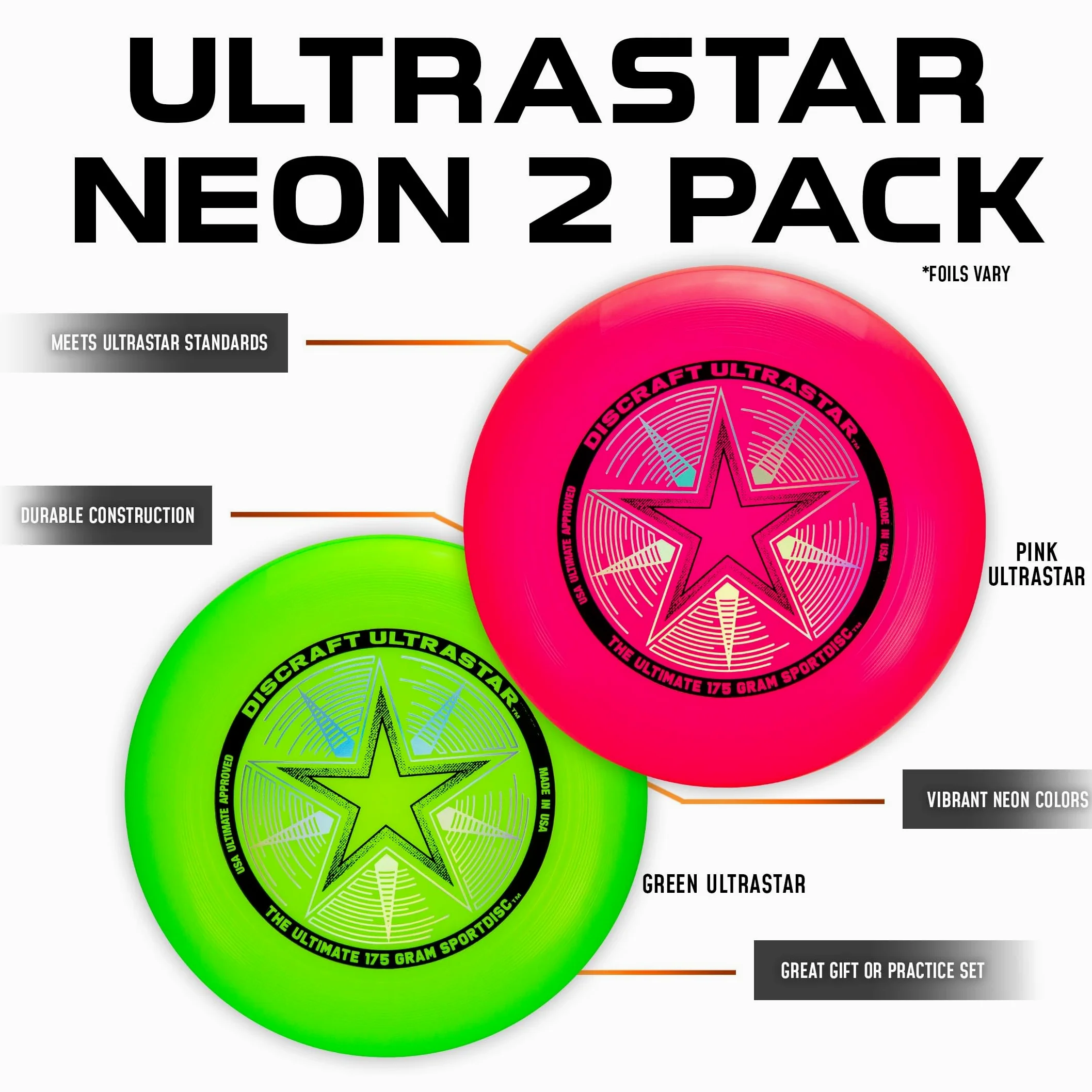 Discraft Ultrastar Neon Pack - Confezione da Due UltraStars | Rosa Neon e Verde Neon | Ufficiale USA Ultimate & WFDF Frisbee | 175 g