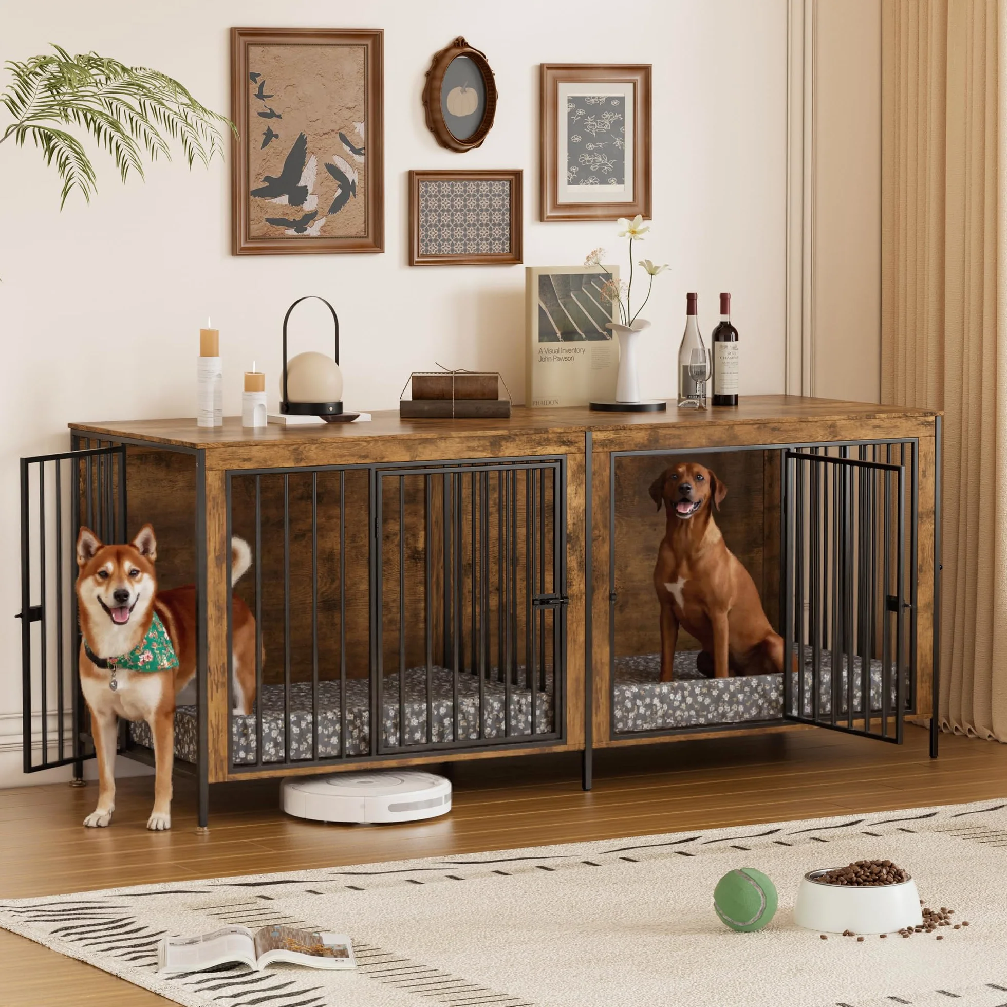 Gabbia per Cani Kennel,200CM Casetta per Cani da Interno,Gabbietta per Animali in Metallo e Legno,Tavolo Supplement,XXL Cuccia Robusta per Dog con Divisorio,Casetta per Animali,4 Porte,Fino a 100KG
