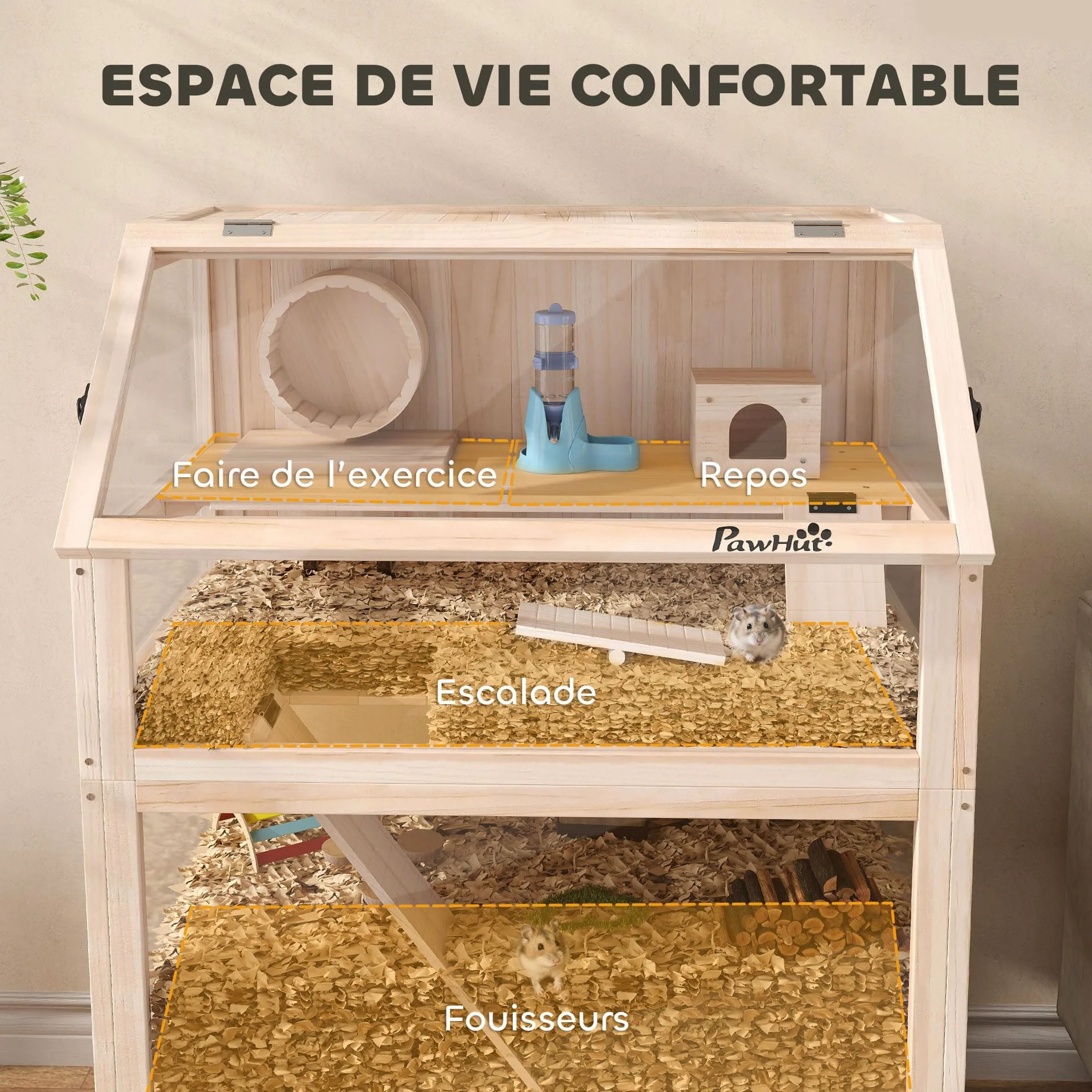 PawHut Gabbia per criceto in legno XXL – Habitat per roditori a 3 piani con pannello acrilico e ruota – Casa piccolo animale di lusso con accessori e ripiano di stoccaggio, 80 x 53 x 117 cm, effetto