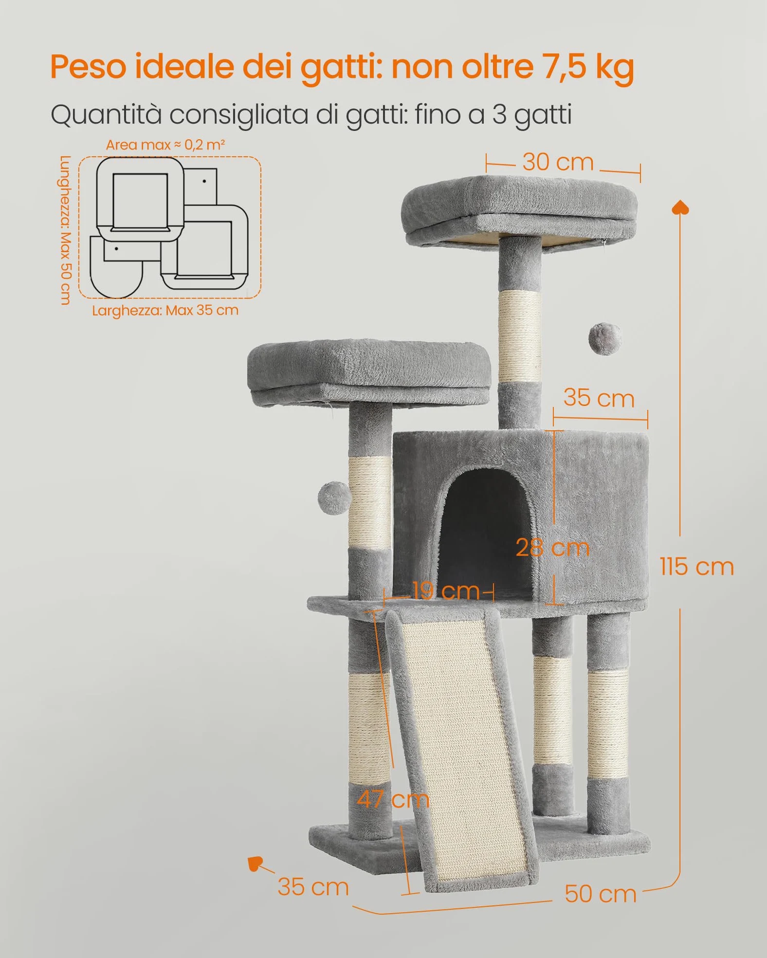 Feandrea Albero per Gatti, Casetta da 115cm, Tiragraffi, Grigio Chiaro PCT141W01V1