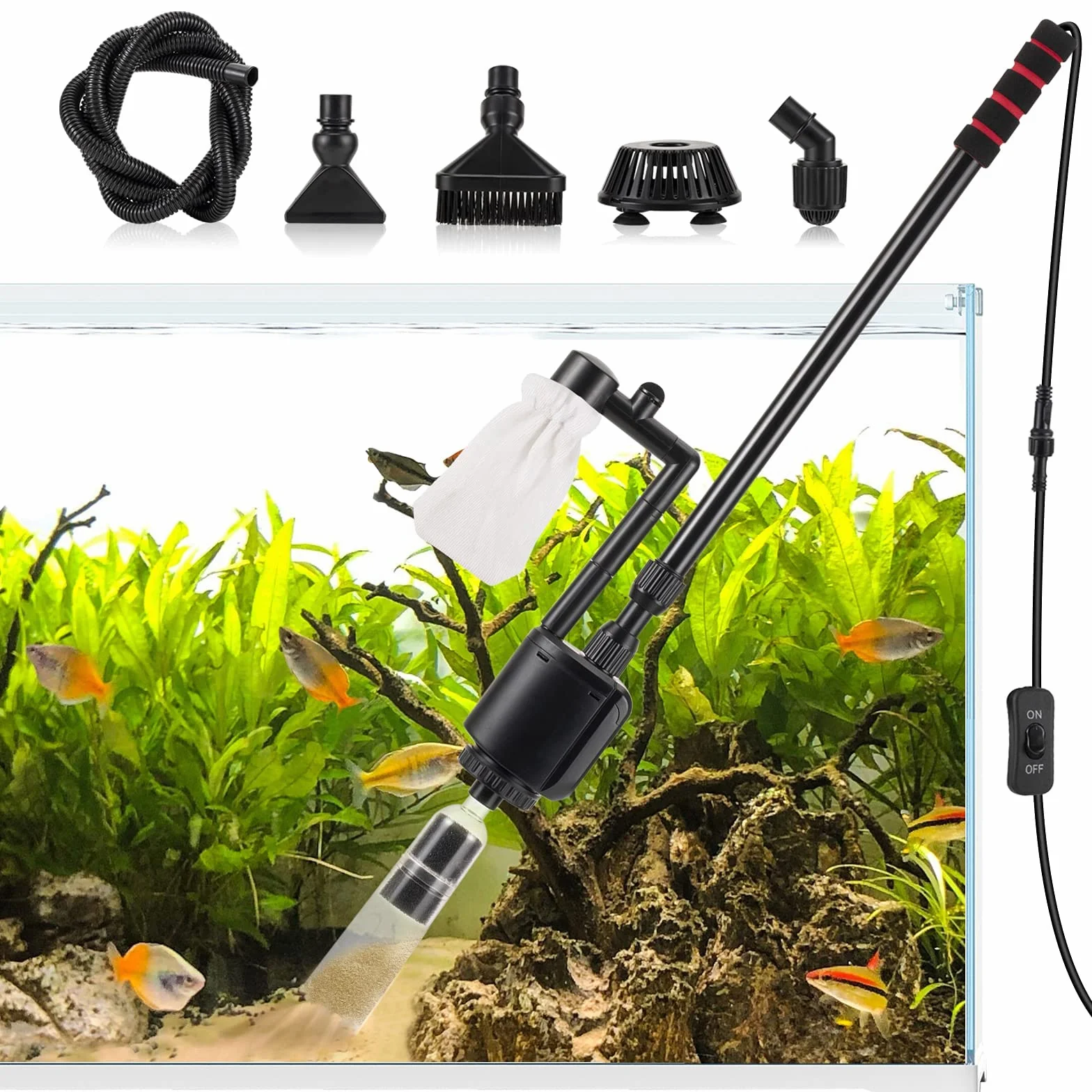 AQQA 6 in 1Elettrico Detergente per Ghiaia dell'acquario,aspirapolvere per sifone per acquario per assorbire lo sporco,Filtro Acqua Doccia,Kit di Pulizia Multifunzione