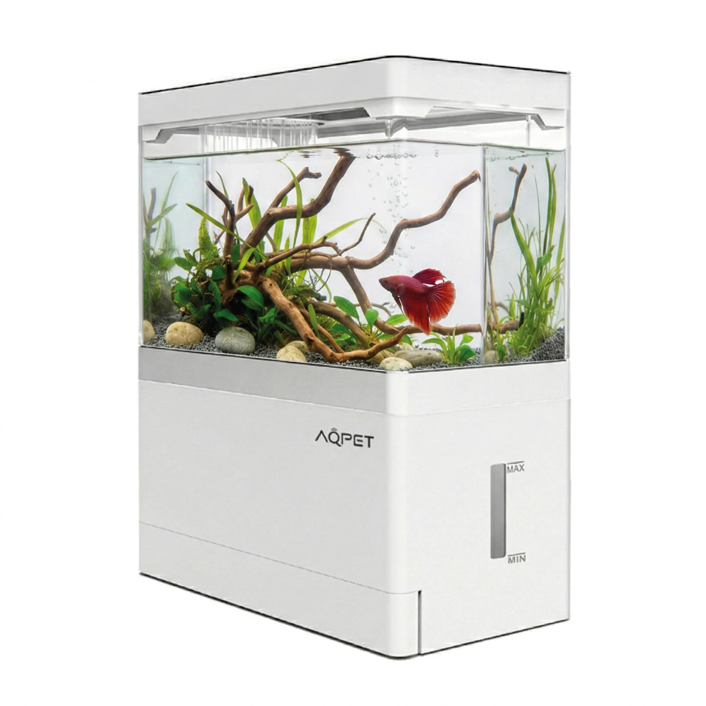 AQPET HYDO Acquario da Scrivania Multifunzionale in Acrilico con Dock Station per Smartphone – Mini Acquario con Pompa e Filtro, LED 5 Modalità e Modulo Idroponico, Ideale per Betta e Caridine