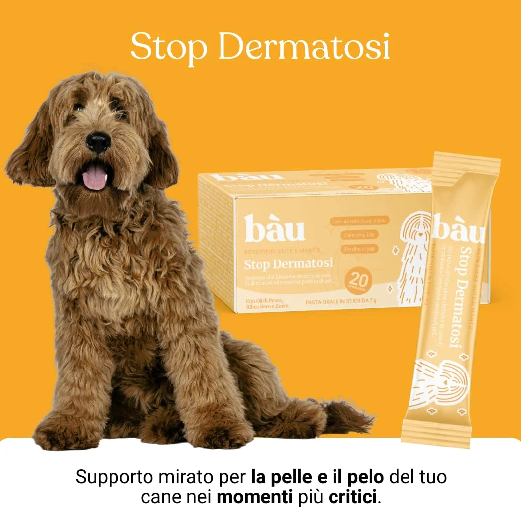 Bau Dermatite Cane e Prurito in Pasta – Stop Dermatosi Integratore Pelle e Mantello – per Perdita Pelo, Cute Irritata e Forfora – Supporto Funzione Dermica in Stick Appetibili